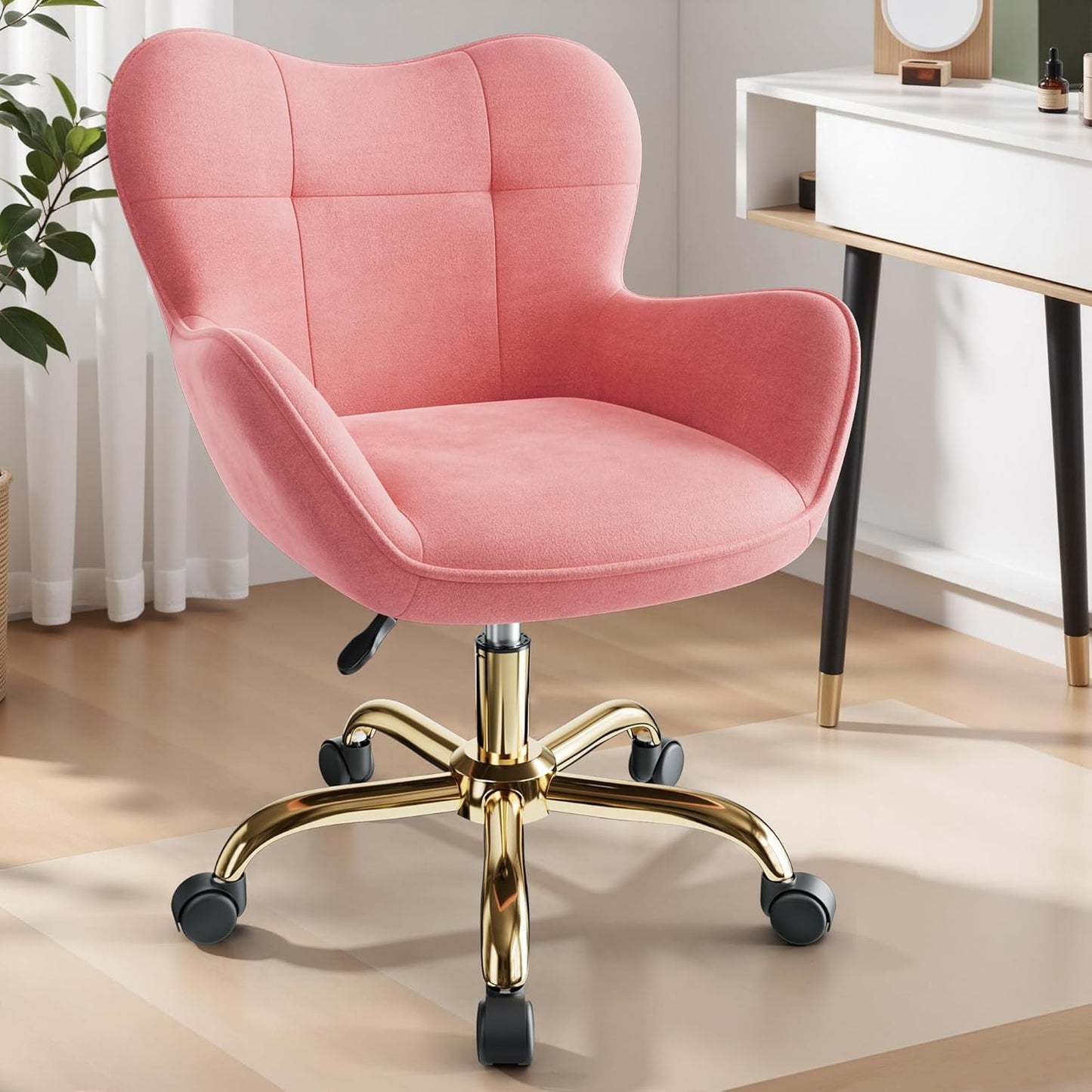BestEra Vanity Chair with Wheels, Cute Home Office Desk Chairs Adjustable Height for Living Bedroom, Small Modern Fluffy Velvet Makeup Chair with Back for Girls (Pink)