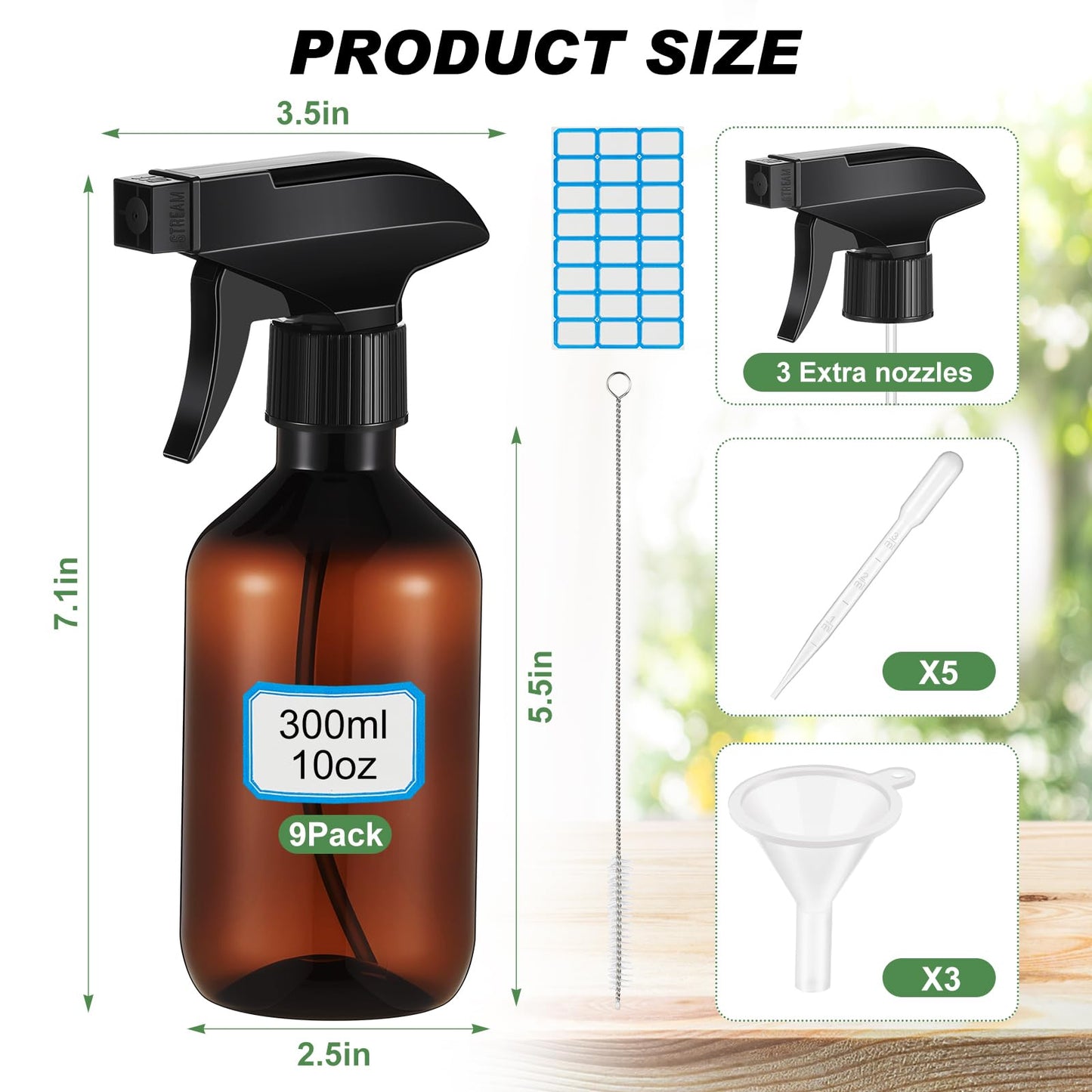 LOYIM 9 Pack 10oz/300ml Plastic Spray Bottle Bulk for Plant Small Spray Bottle Fine Mist Water Sprayer Upgraded Adjustable Nozzle Refillable Empty Containers for Cleaning, Hair, Cooking(Amber)