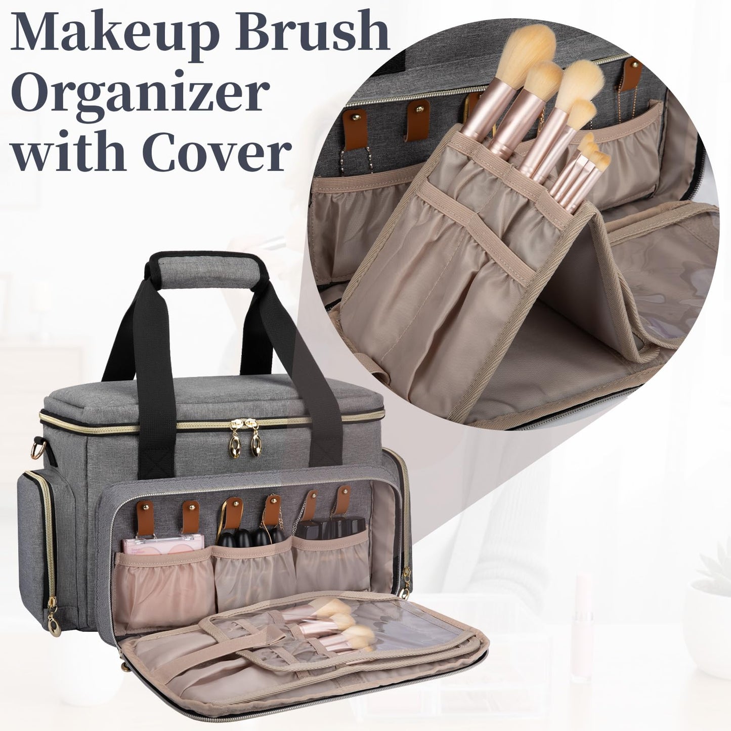 GDNasist Large Makeup Bag, Portable Travel Makeup Bag Organizer for Women Girls with 2 Removable Pouches & Detachable Dividers, Cosmetic Travel Bag, Toiletry Bag for Makeup and Hair Supplies Grey