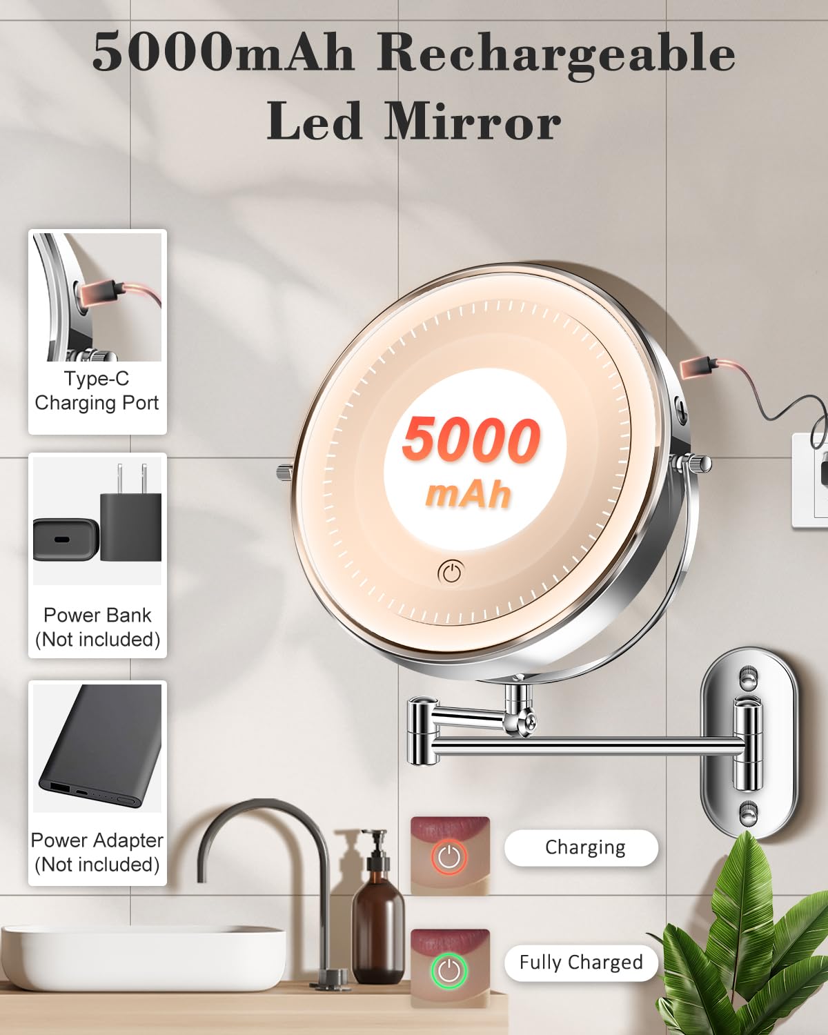 9'' 30X/1X Wall Mounted Lighted Makeup Mirror, Height Adjustable Double Sided 5000mAh Rechargeable Magnifying Bathroom Mirror with Light, 3 Color Modes Touch Dimmable Extended Arm 360 Rotation