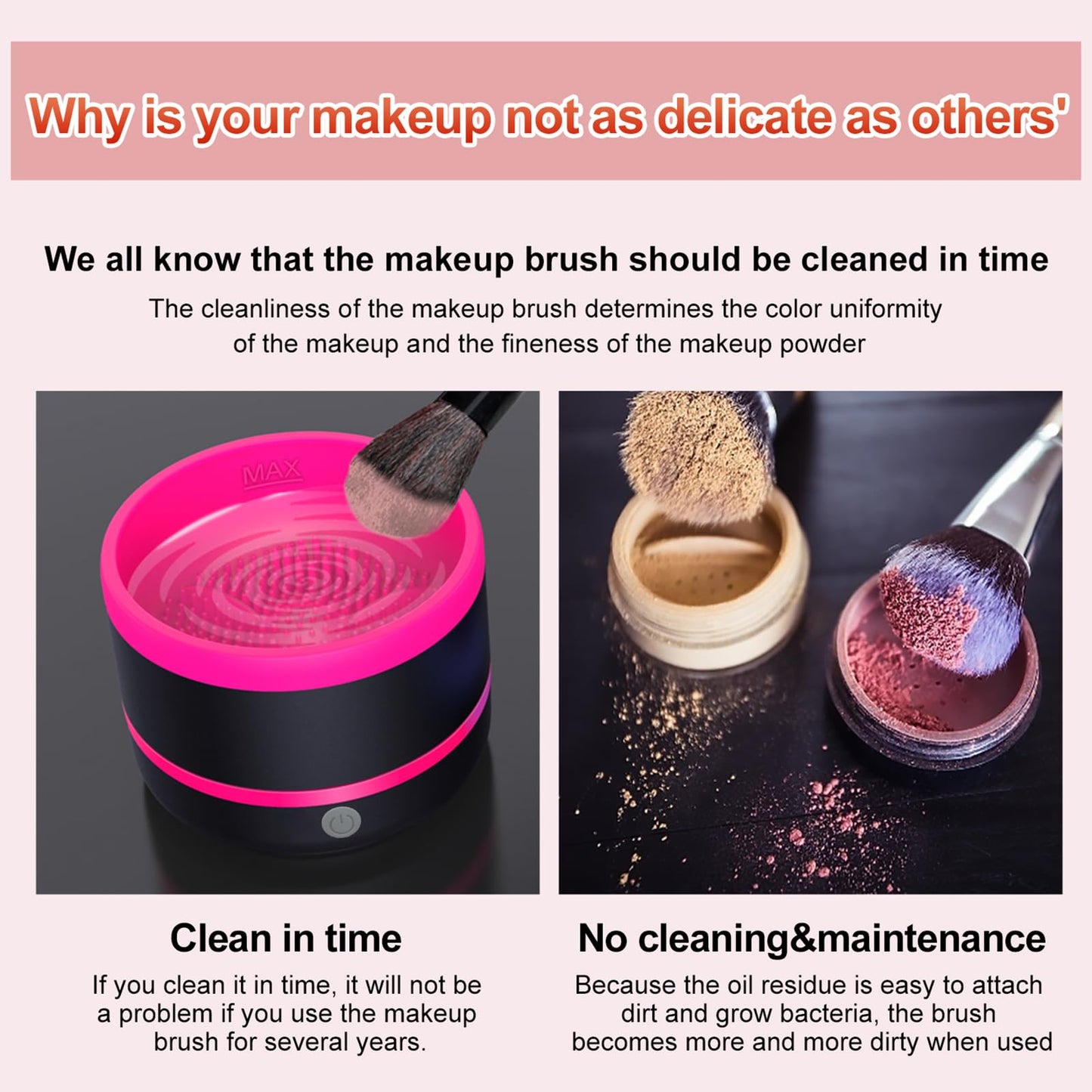Electric Makeup Brush Cleaner - USB Makeup Brush Cleaner Machine, Powerful Friction Removes Residue on Make up Brushes Set/Sponge/Powder Puffs, Efficient Cleaning, Portable Spinning Washer(Pink)