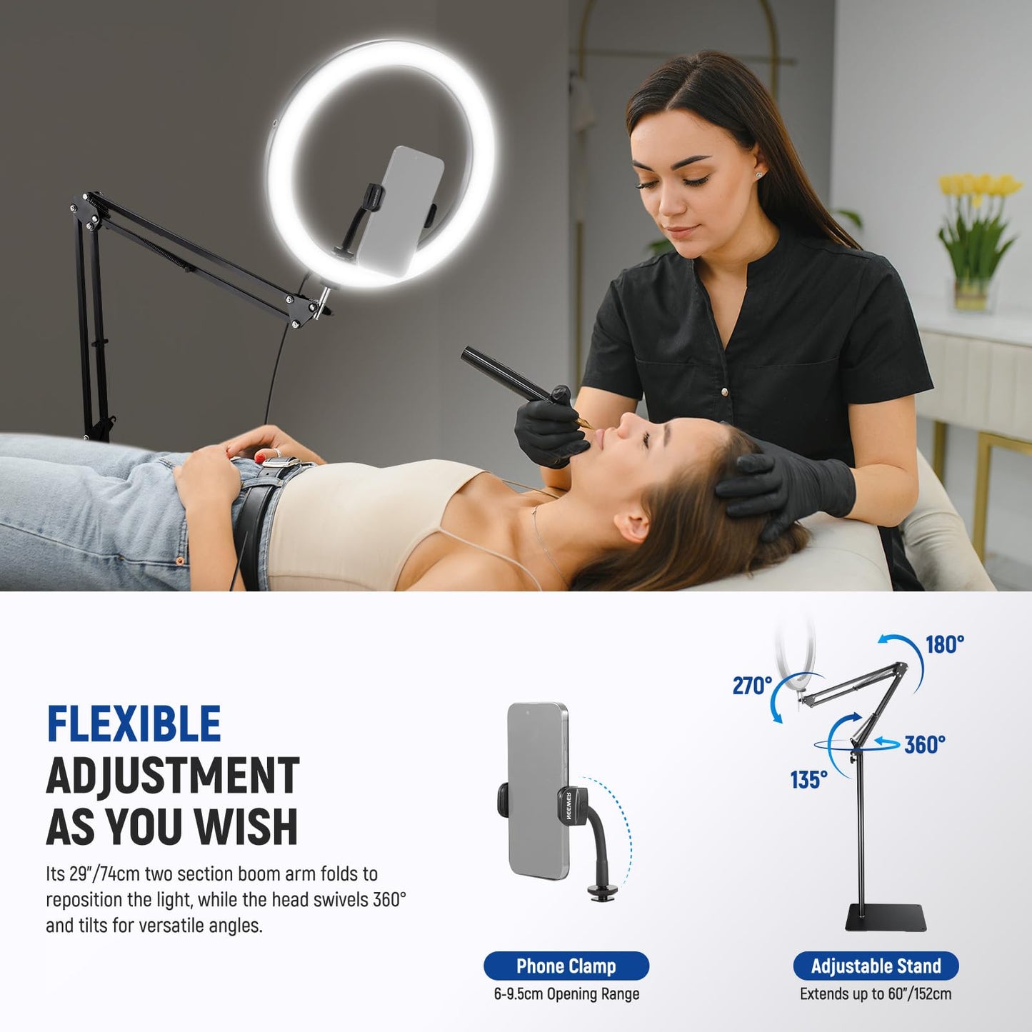 NEEWER 12" 24W High Power LED Ring Light Compatible with iPhone, 60" Overhead Folding Light Stand/Phone Holder Mount for Video Recording Selfie Makeup Streaming,2900-7000K USB C PD Input CRI97+,RH12B