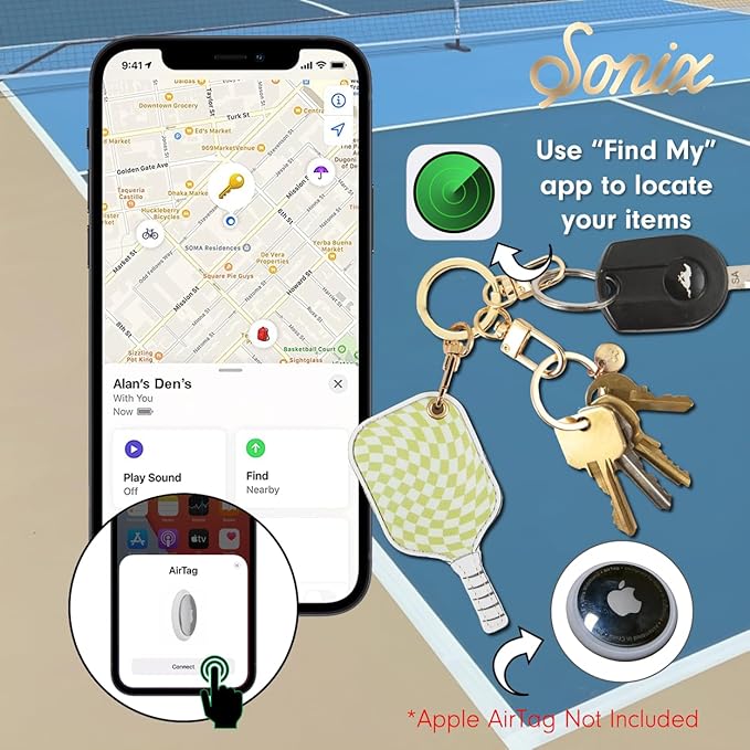 Sonix Keychain Case Compatible with Apple AirTag | Protective AirTag Cover Keychain | Checkmate Green Pickleball Paddle | Pickleball Green