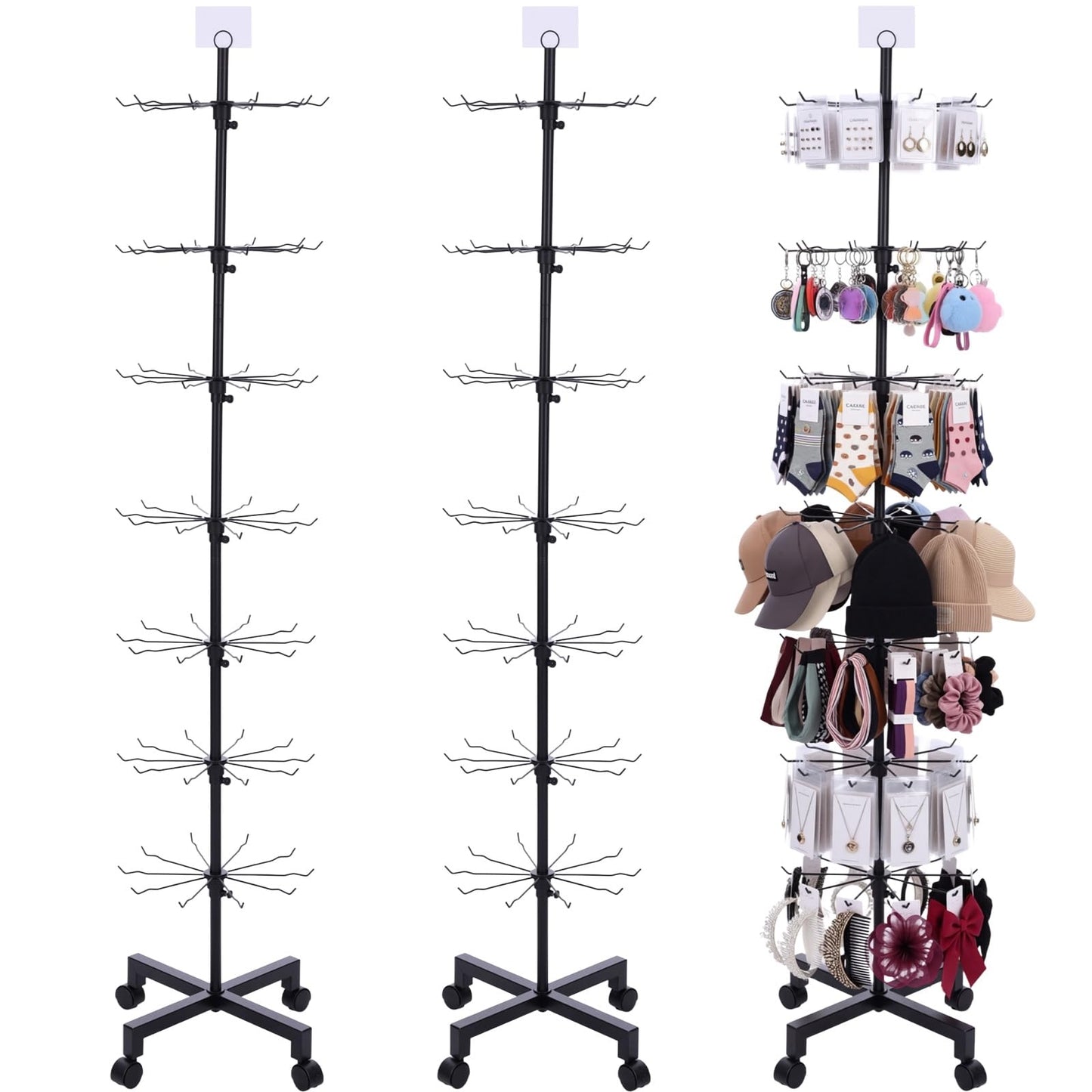 Ripeng 2 Pcs 7-Tier Rotating Retail Display Stand Display Rack for Earring Keychains Jewelry Vendor Events and Stores Movable Adjustable Shop Spinner Black Ornament Holder