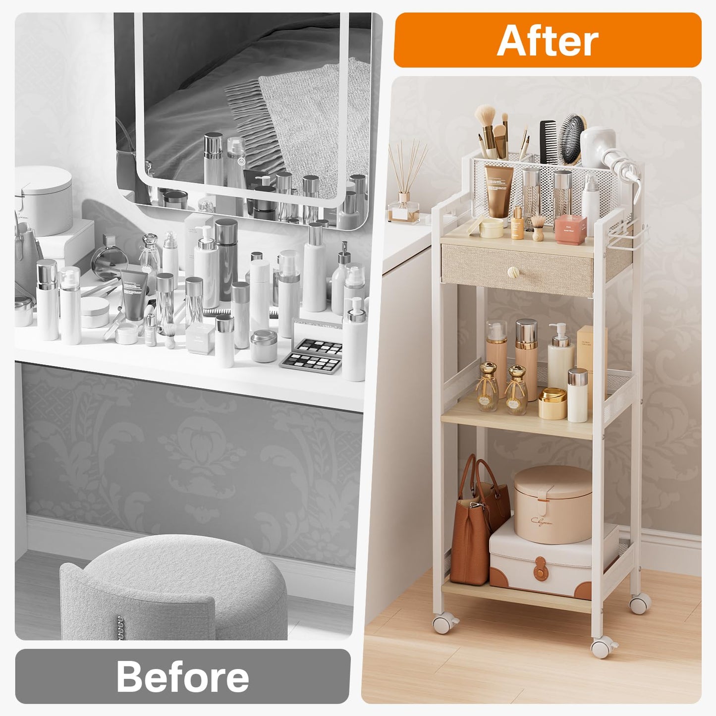 FURFUN 3 Tier Bathroom Shelf with Drawer, 12.8in Large Floor Makeup Organizers Cosmetics Display Cases Holder for Hair Tool, Skincare, Kitchen, Bathroom, Laundry Room Organization