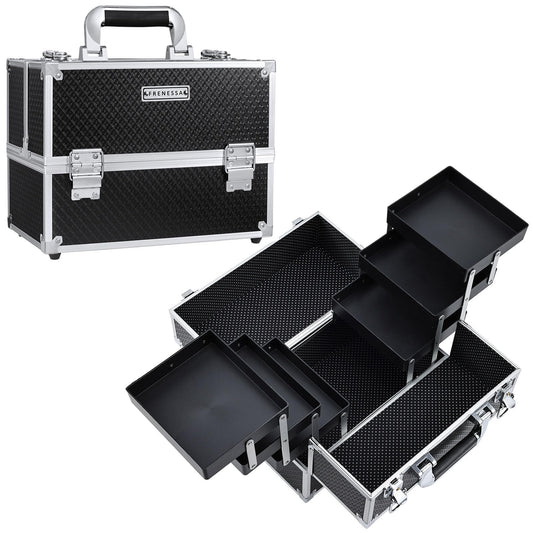 FRENESSA Makeup Train Case Makeup Case 11.8 Inch Large Cosmetic Box Organizer Travel Storage Professional Make Up Train Carrying Case with 6 Trays Locking Hard Vanity Storage Black