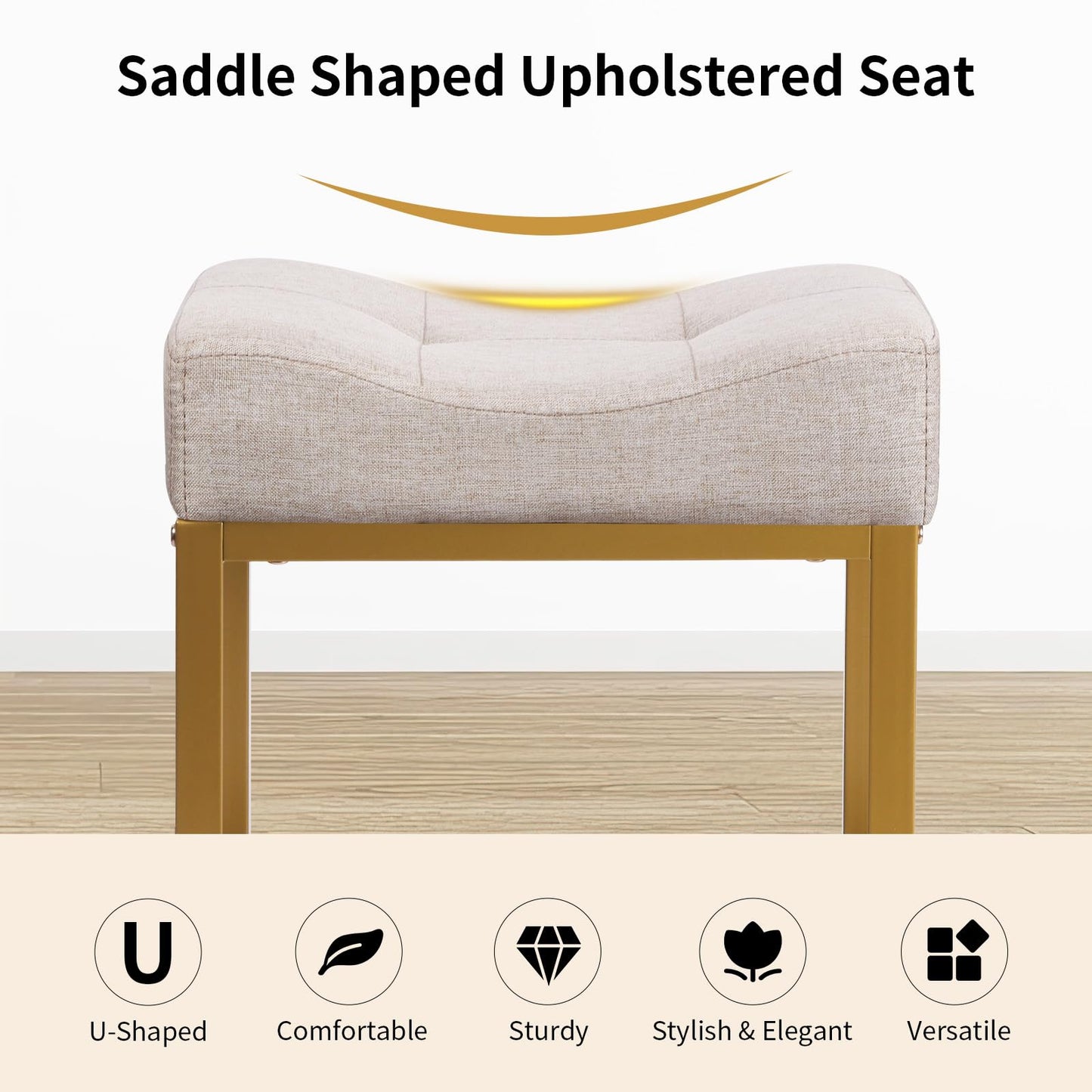 FLYZC Saddle Seat Vanity Stool, Makeup Stool Chair with Metal Leg, U-Shaped Ottoman Foot Rest, Small Square Chairs Under Desk for Vanity, Living Room, Modern Makeup Bench Linen Light Brown&Gold