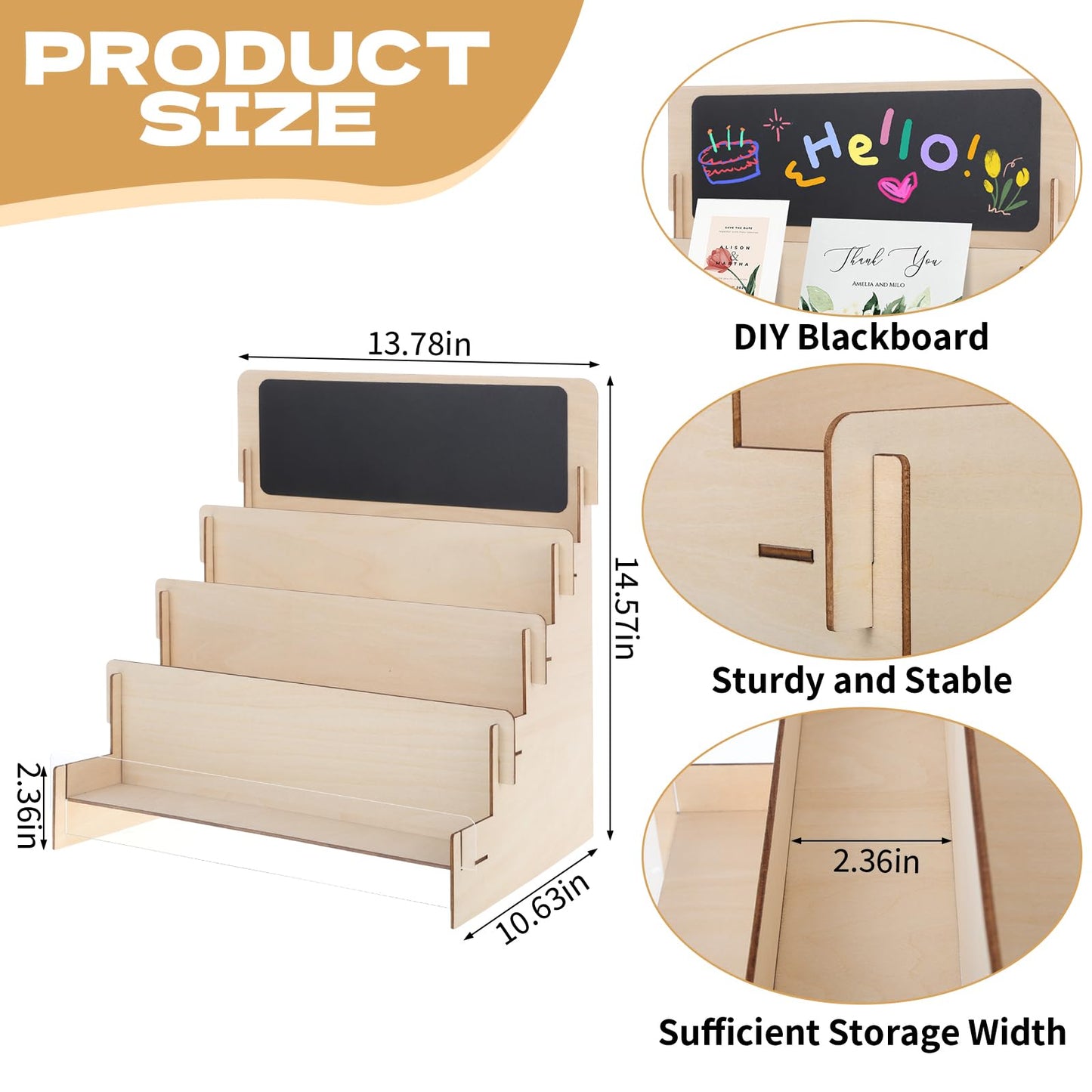 Wooden Greeting Card Display Stand - 4-Tier DIY Customizable Chalkboard Top Sticker Organizer Rack, Tool-Free Assembly Countertop Holder for Party Decor, Holiday Cards, Small Gifts & Home Decor