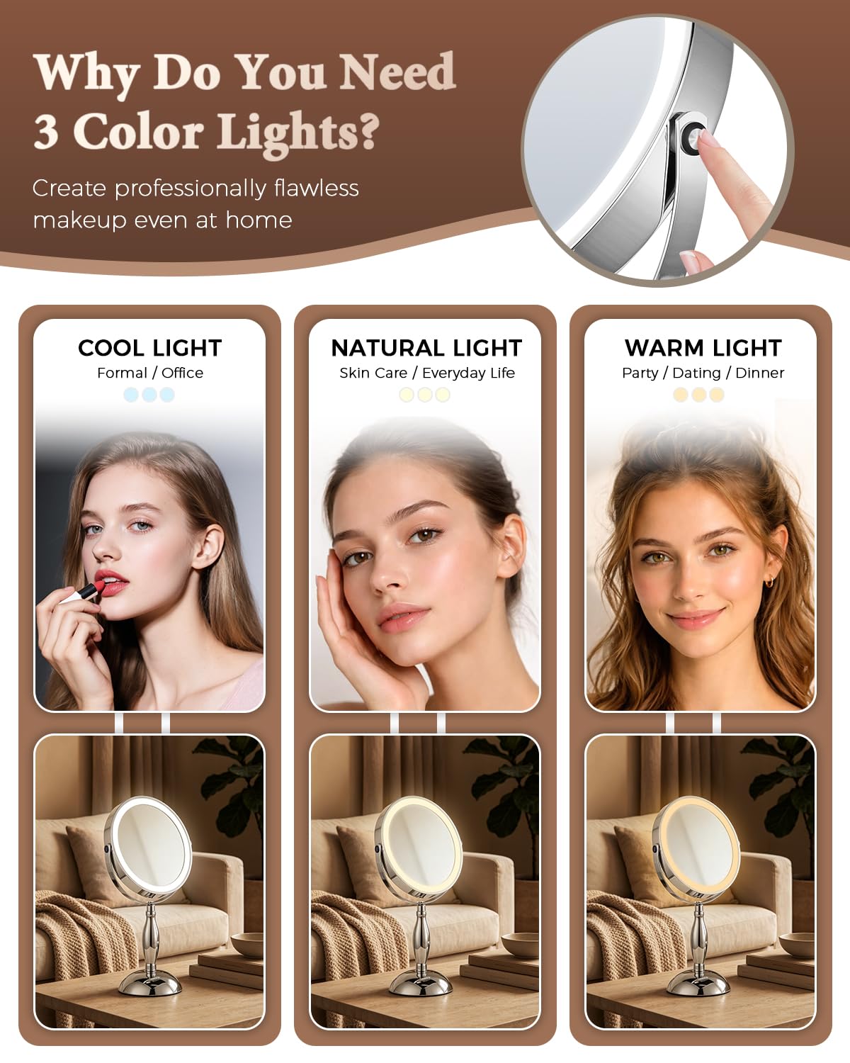 30x Lighted Makeup Mirror with Lights, 8" Double Sided Magnifying Mirror with 3 Color Modes Adjustable Brightness, 5000mAh Rechargeable, 360° Rotation, Side Touch+Side Charging, Vanity Mirror-Chrome