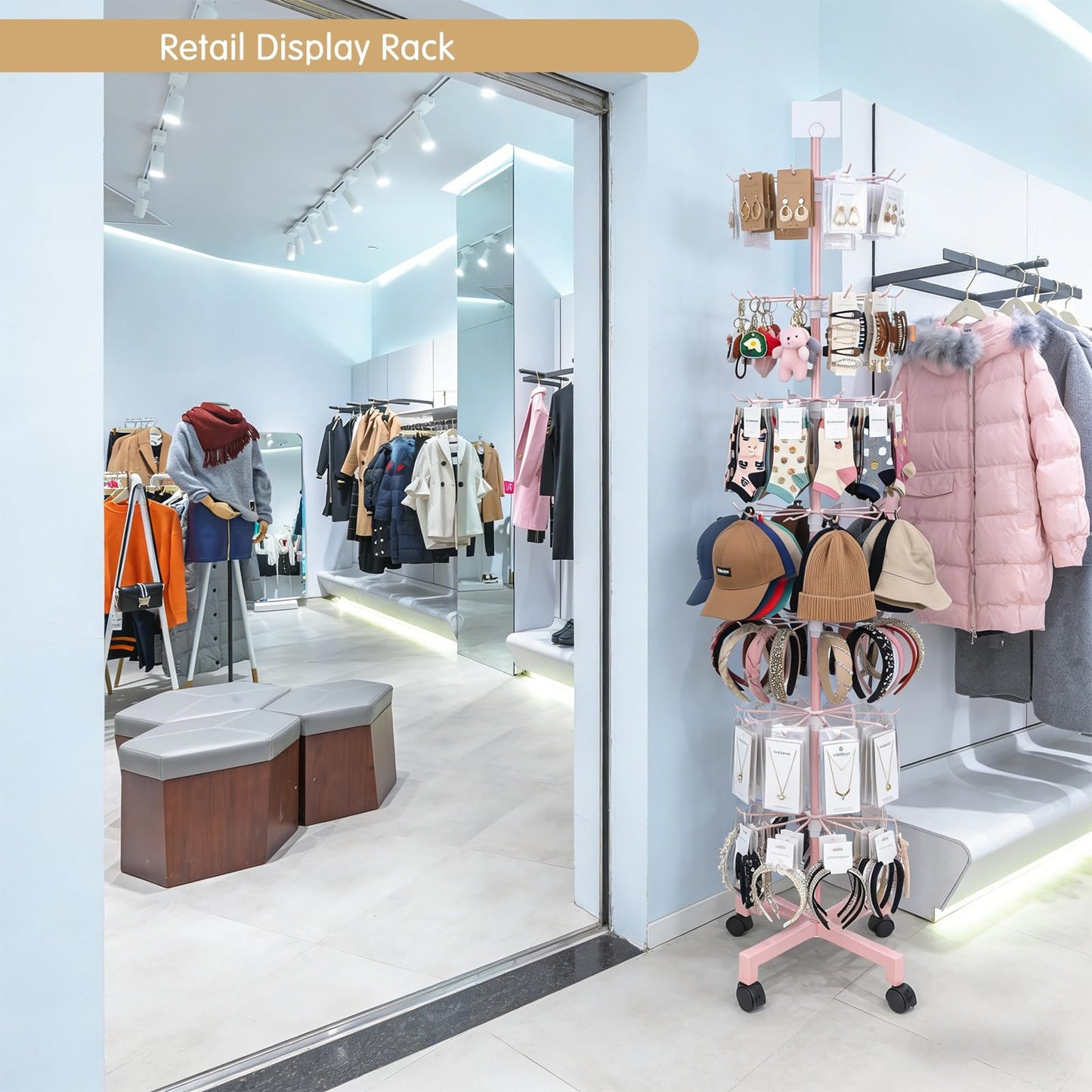 Ripeng 1 Pcs 7-Tier Rotating Retail Display Stand Display Rack for Earring Keychains Jewelry Vendor Events and Stores Movable Adjustable Shop Spinner Pink Ornament Holder