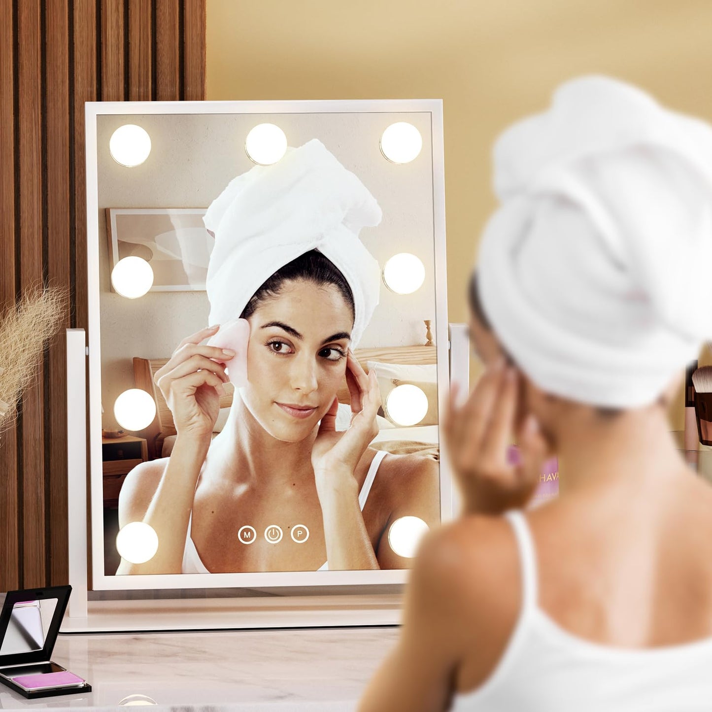 Dirket Vanity Mirror with Lights, Lighted Makeup Mirror Hollywood Makeup Mirror with 9 Dimmable Bulbs and 3 Color Lighting Modes, Smart Touch Control, 360°Rotation