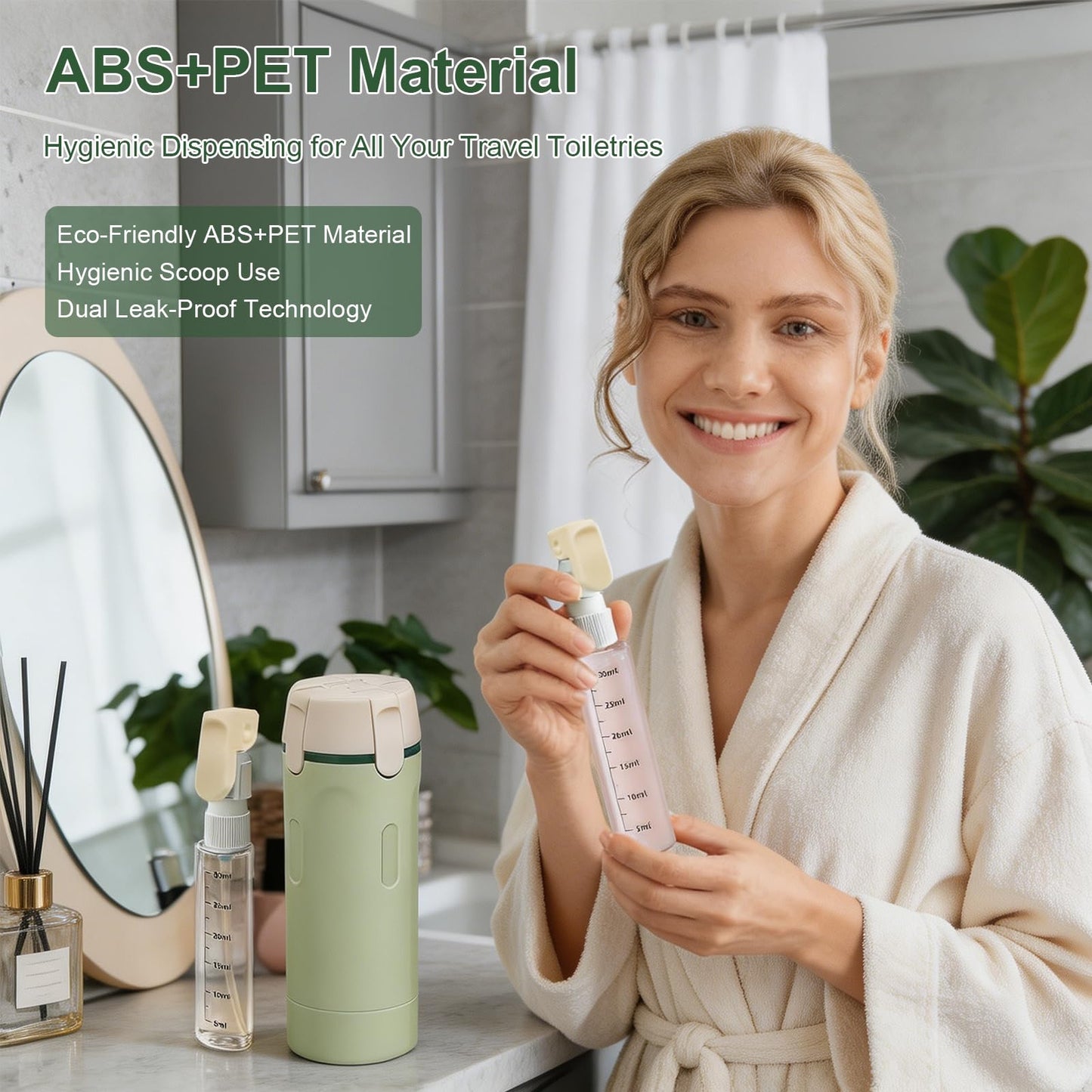 4 in 1 Refillable Travel Dispenser, Portable Travel Toiletries Bottle Set, Leak Proof Travel Size Liquid Containers, Reusable Empty Cosmetic Bottles for Vacation Business Trip Camping (Green)