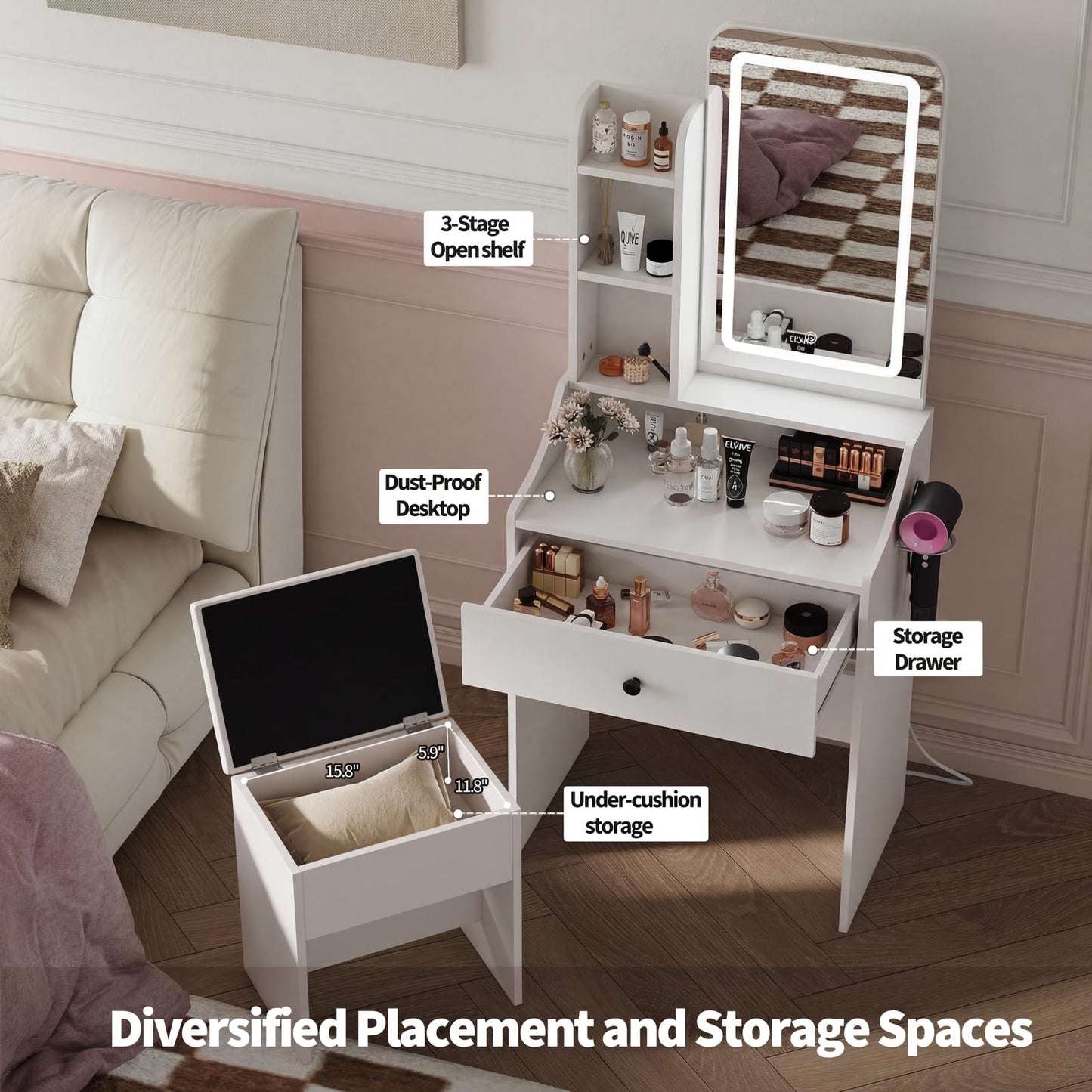 HAPPYMONT Small Vanity Desk with LED Light Mirror and Storage Bench, White