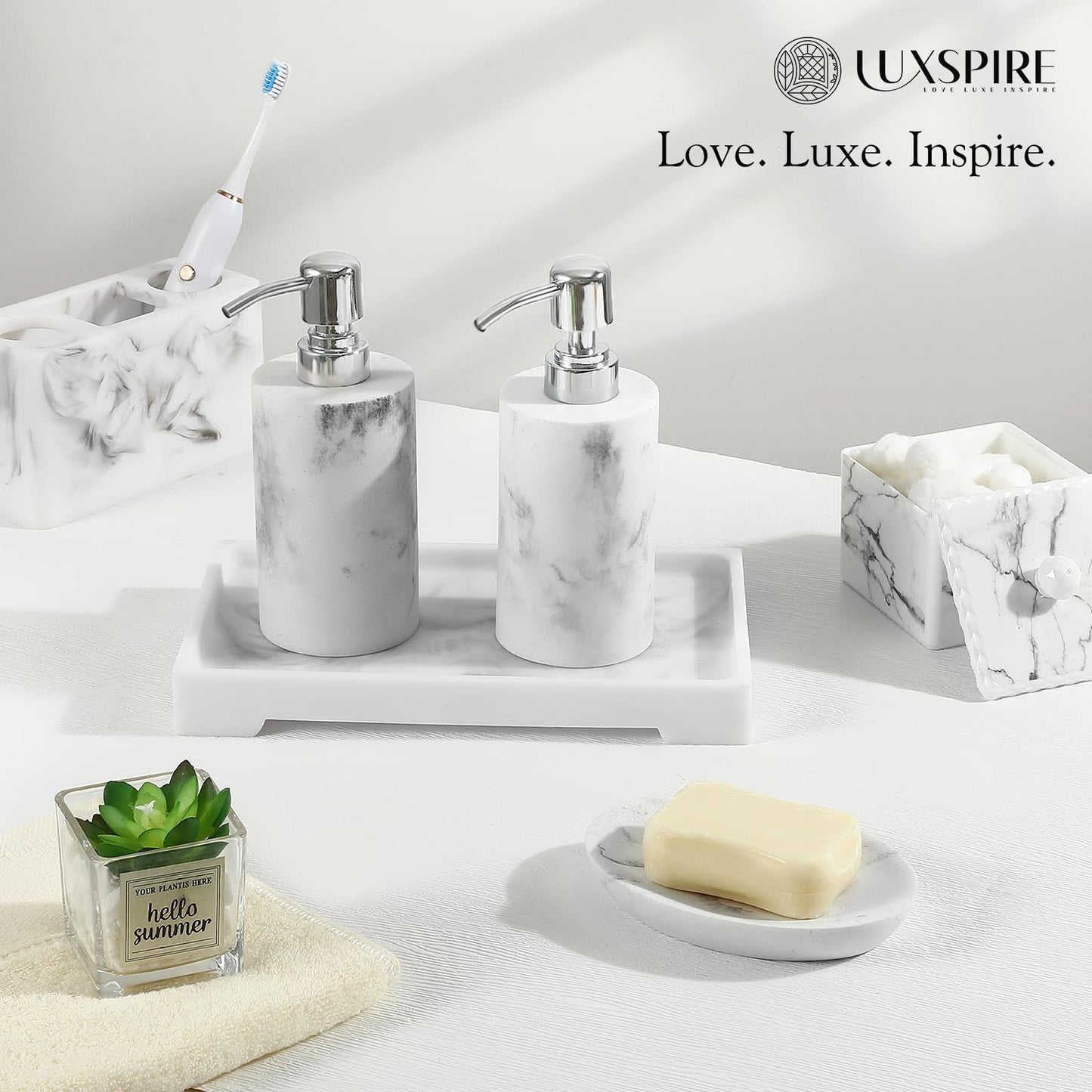 Luxspire Bathroom Vanity Tray, Resin Toilet Tank Tray, Kitchen Trays, 11" x 4" Rectangle Bathroom Tray for Counter, Marble Tray for Soap Dispenser Perfume Jewelry, Small, White Marble