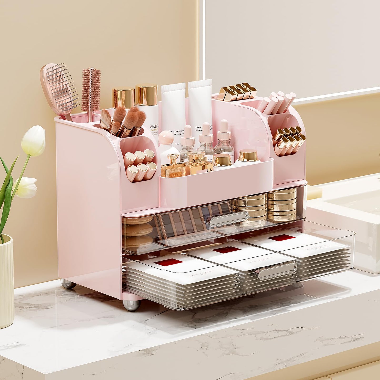 UFORU Makeup Organizer for Vanity with 2 Large Drawers, Cosmetic Display Case with Brush Holders, Easy to Storage for Bathroom Countertop Skincare, Perfume, Pink