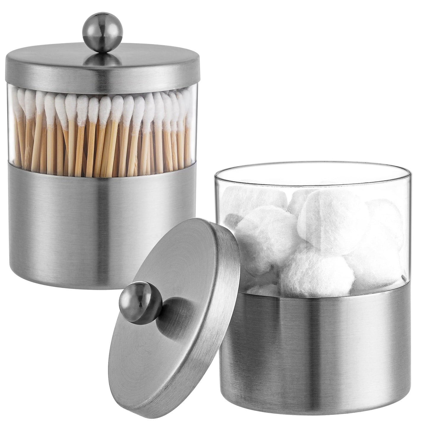 Gaussra Apothecary Jars, Qtip Holder - Brushed Stainless Steel Bathroom Jar with Stickers - Farmhouse Decor Qtip Dispenser for Qtips, Cotton Balls, Swabs, Makeup Sponges (2 Pack, Brushed Nickel)