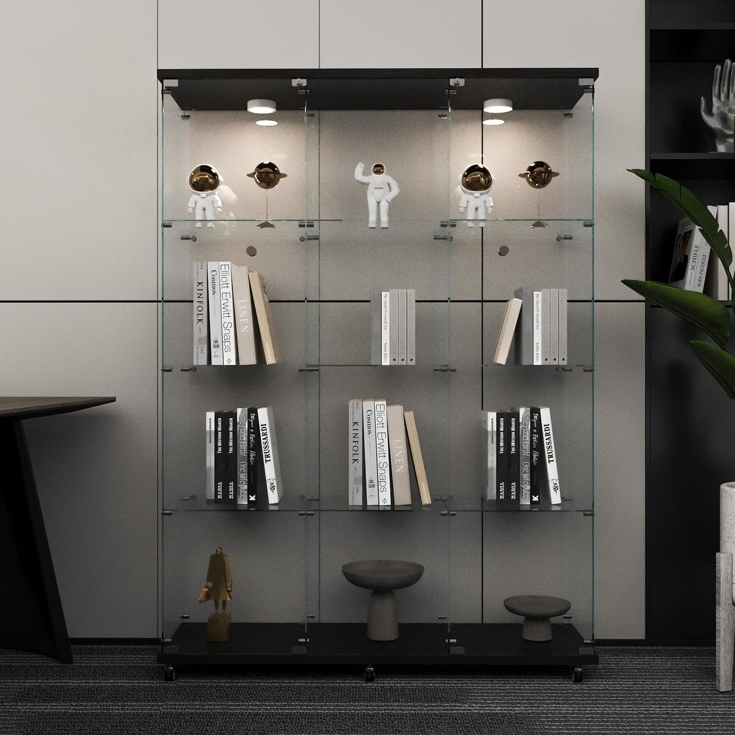 Beauty4U Glass Display Cabinet with LED Lights, Extra Large 3 Columns 2 Doors Curio Cabinets with 12 Shelves for Living Room, Bedroom, Office, Black Floor Standing DIY Glass Bookshelf
