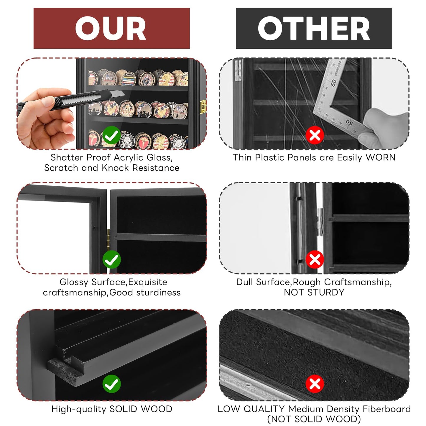 Military Challenge Coin Display Case Holder, Lockable Wooden Army Coins Display Box Cabinet with Anti Fade Acrylic Glass Door, Coin Stand Rack with Removable Shelves and Wall Mounted, Black