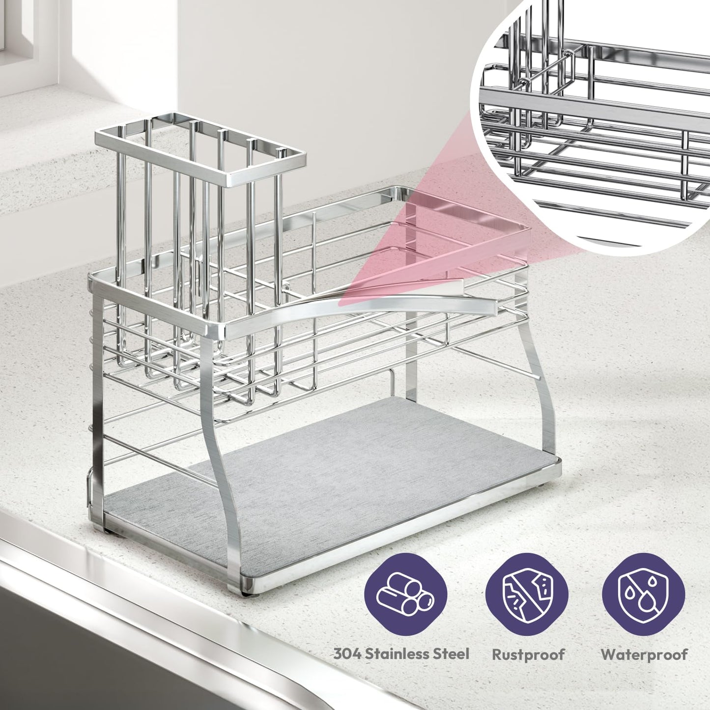 SWTYMIKI Kitchen Sink Caddy Organizer, 2 Tier Sponge Holder for Kitchen Sink with Instant Drying Stone, Removable Brush Holder for Fast Drying on Countertop, Silver