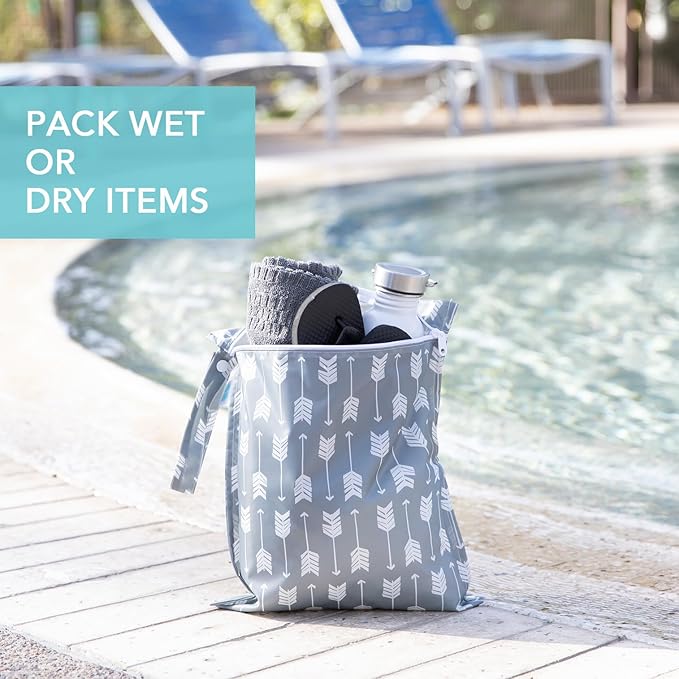 Bumkins - Waterproof Wet Bag - For Baby, Travel, Swim Suit, Cloth Diapers, Pump Parts, Pool, Gym, Toiletry, Strap to Stroller - Reusable & Easy to Clean - 2pk - Arrows & Hearts