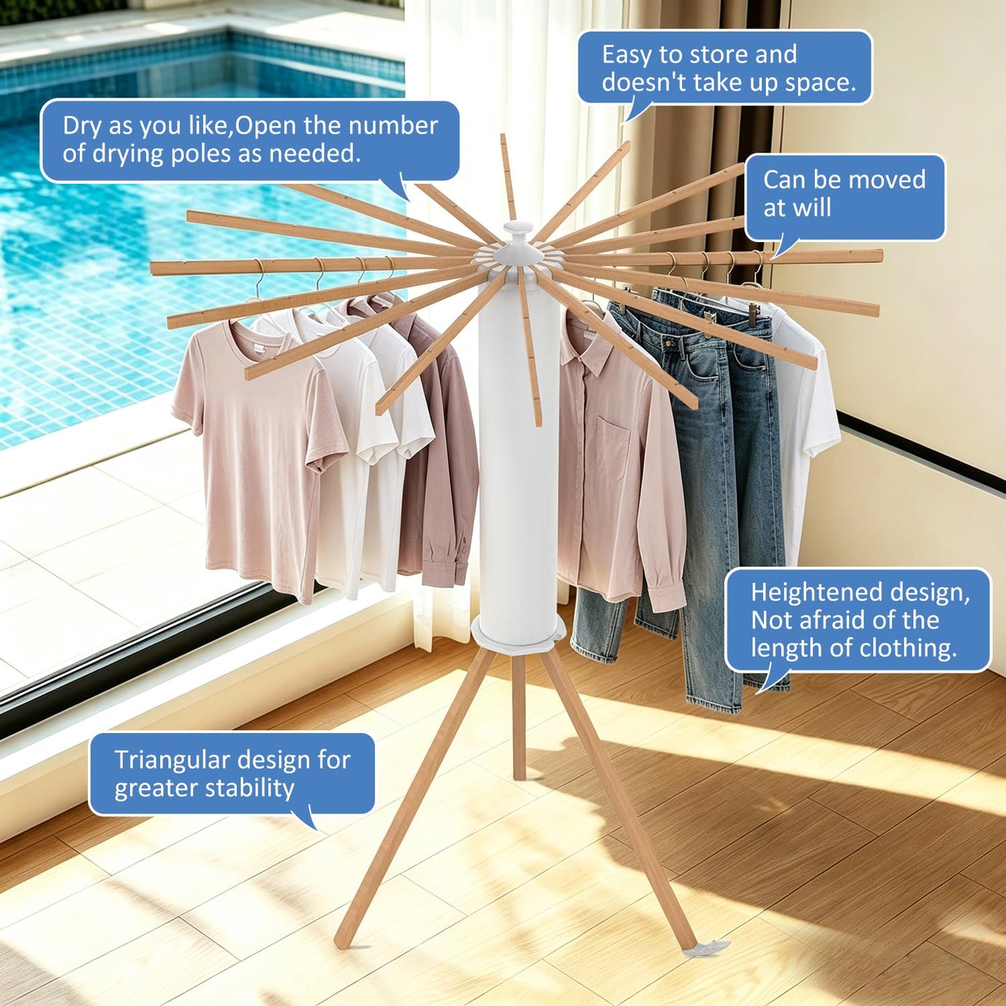 Clothes Drying Rack, Foldable Wooden Tripod Drying Rack Clothing for Small Apartments Balcony Bedroom, Portable Space Saving Laundry Rack, Floor Standing with 16 Octopus Poles for Indoor Drying.