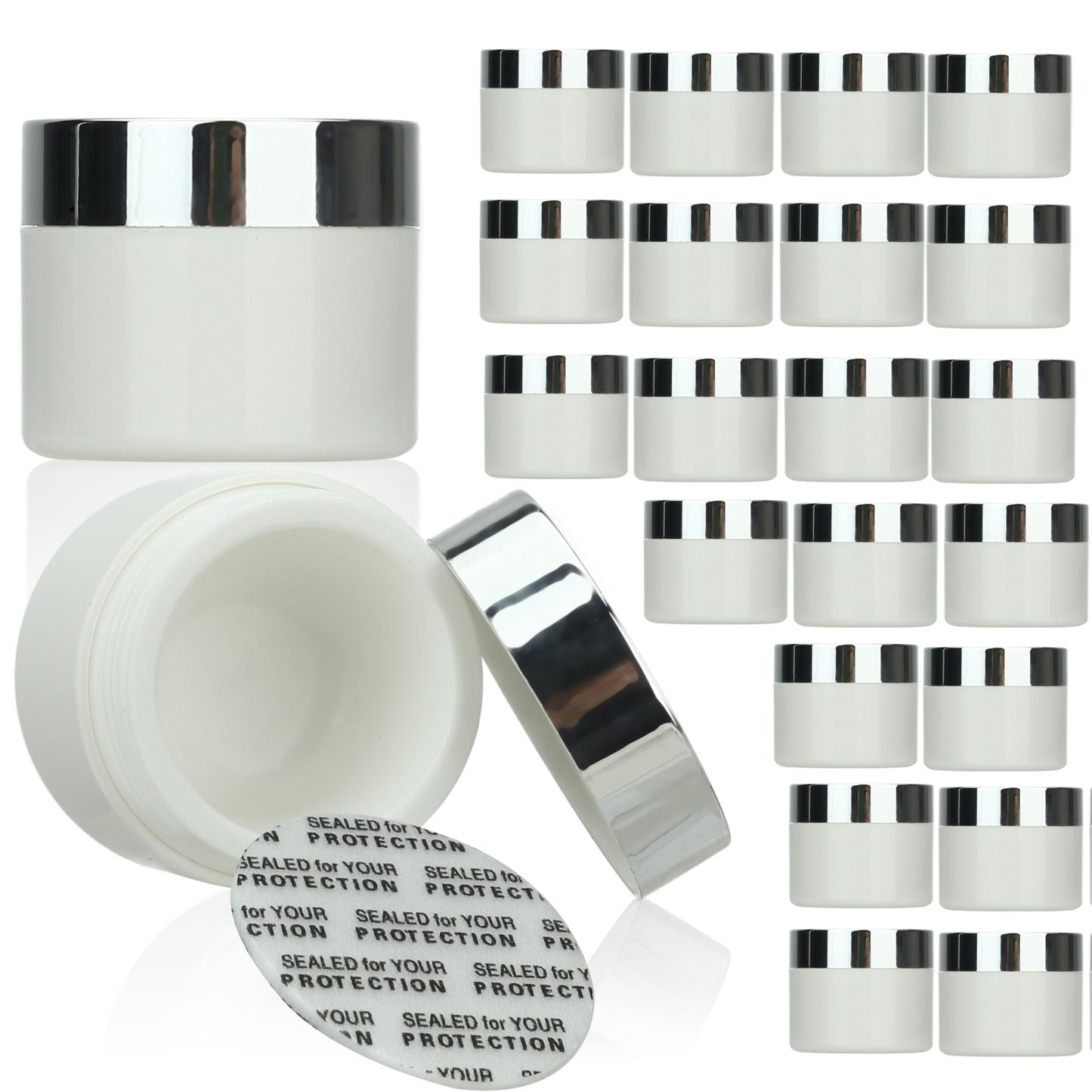 COSIDEA 24pcs 5g Empty Round plastic lip balm jars white pot for refill cream with silver cap and self-seal pad