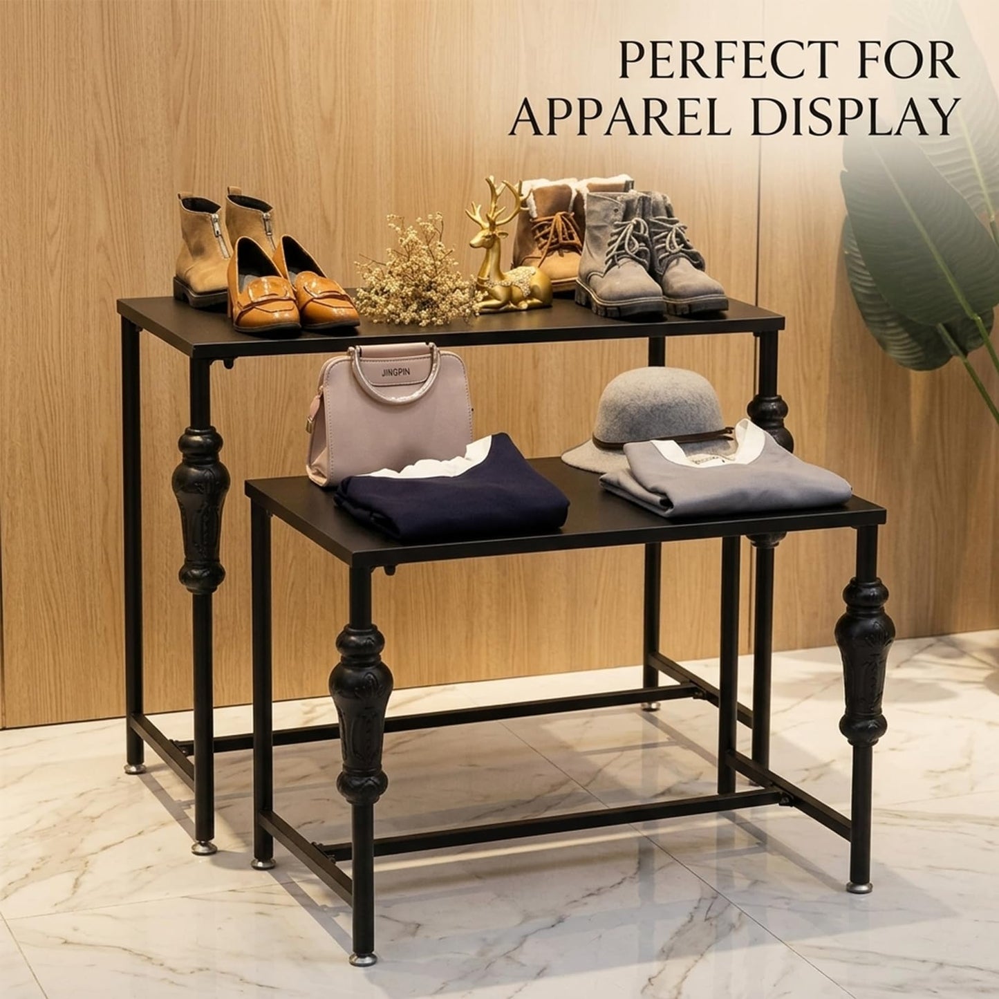 VANDNALI Industrial Retail Display Tables, Standing Clothing Shoes Display Rack, Set of 2 Boutique Display Riser, Retro Unit Storage Shelves, Garment/Handbag Display Stand