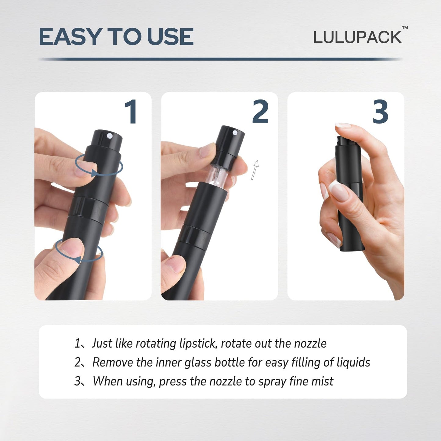 Lulupack Travel Perfume Bottle Refillable - Cologne Spray Atomizer Mini - Small Travel Size Empty Sprayer for Refill Sample Container - Portable Fragrance Decant Dispenser for Women Men 8ml 6PCS Black