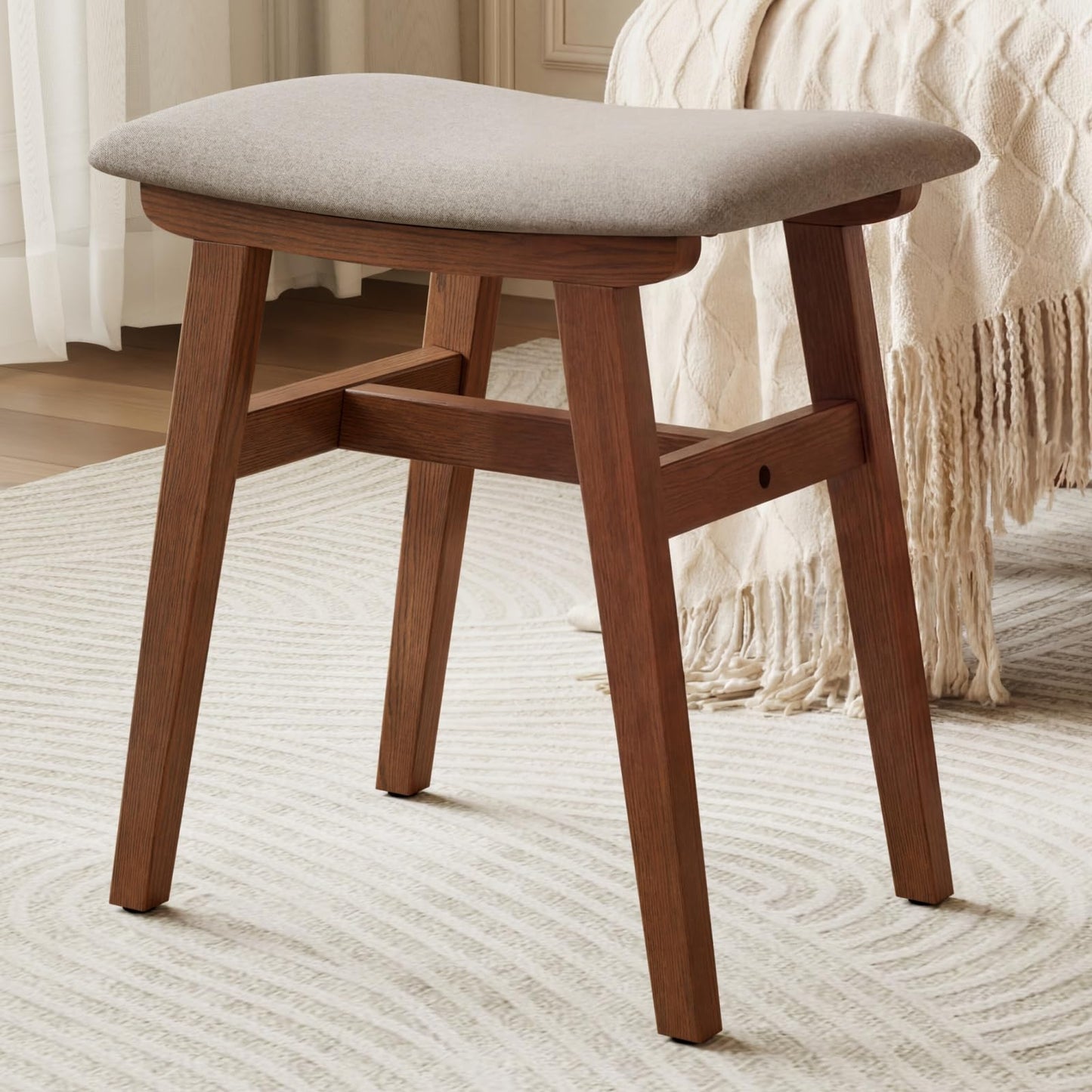 DONGMUWUJEE Solid Wood Small Vanity Stool Chair, Makeup Stools for Vanity Desk, Bathroom Vanity Chair, Padded Foot Stool for Living Room, Ottoman Foot Rest for Couch, Small Bench for Entryway, Walnut