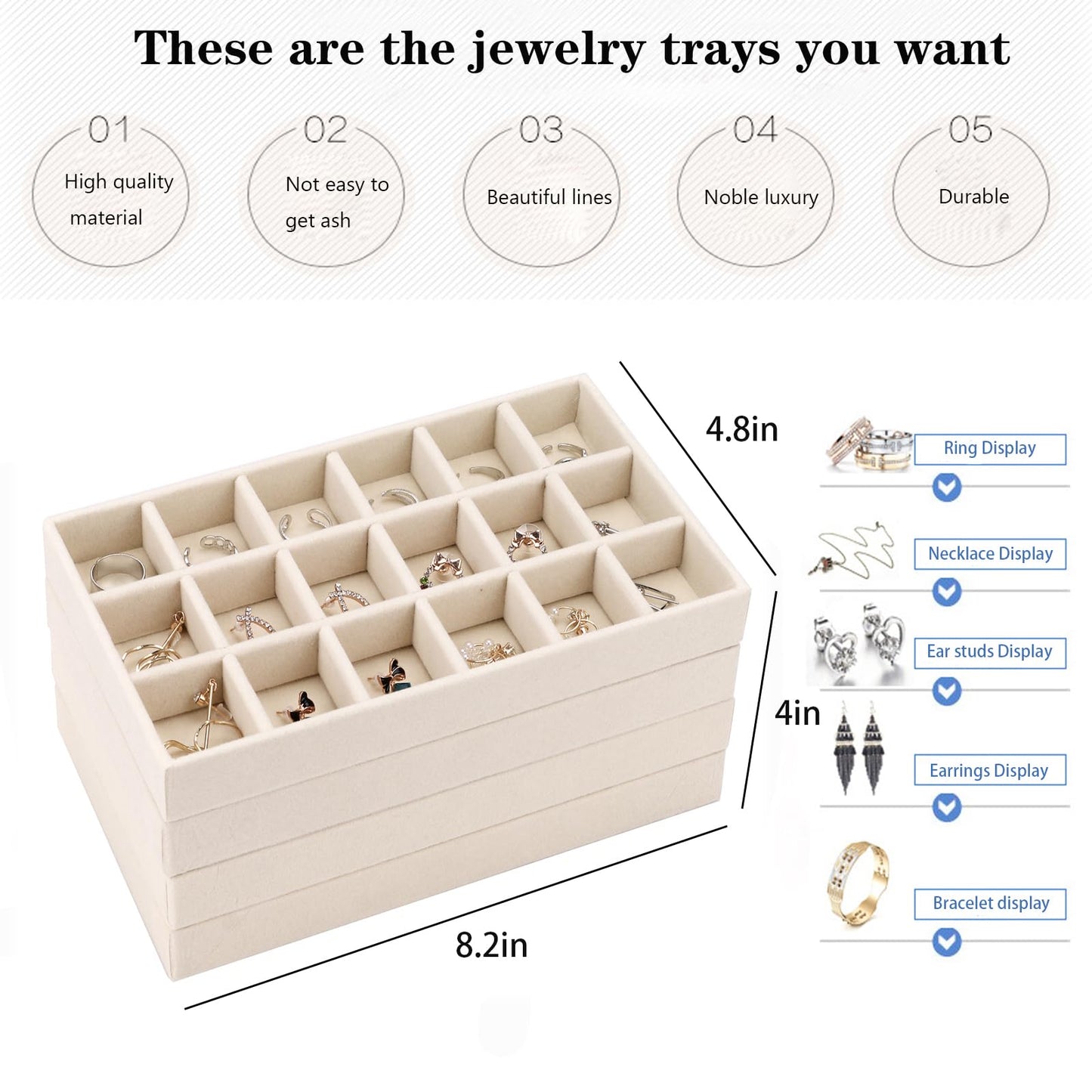 AIRZSNRY Velvet Jewelry Organizer for Drawer, Stackable Jewelry Drawer Inserts in Dresser, 8in Beige Storage Display Case for Rings Stud Necklaces Accessories, Set of 4