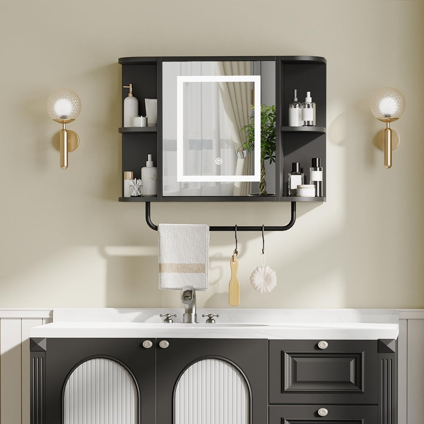 Bathroom Wall Cabinet with Mirror, Mirrored Medicine Cabinet with 3 Colors LED Light and 4 Open Shelves, Wall Mounted Over Toilet Storage Cabinets with Adjustable Shelf, 21.7"L x 6.7"W x 18.1"H, Black