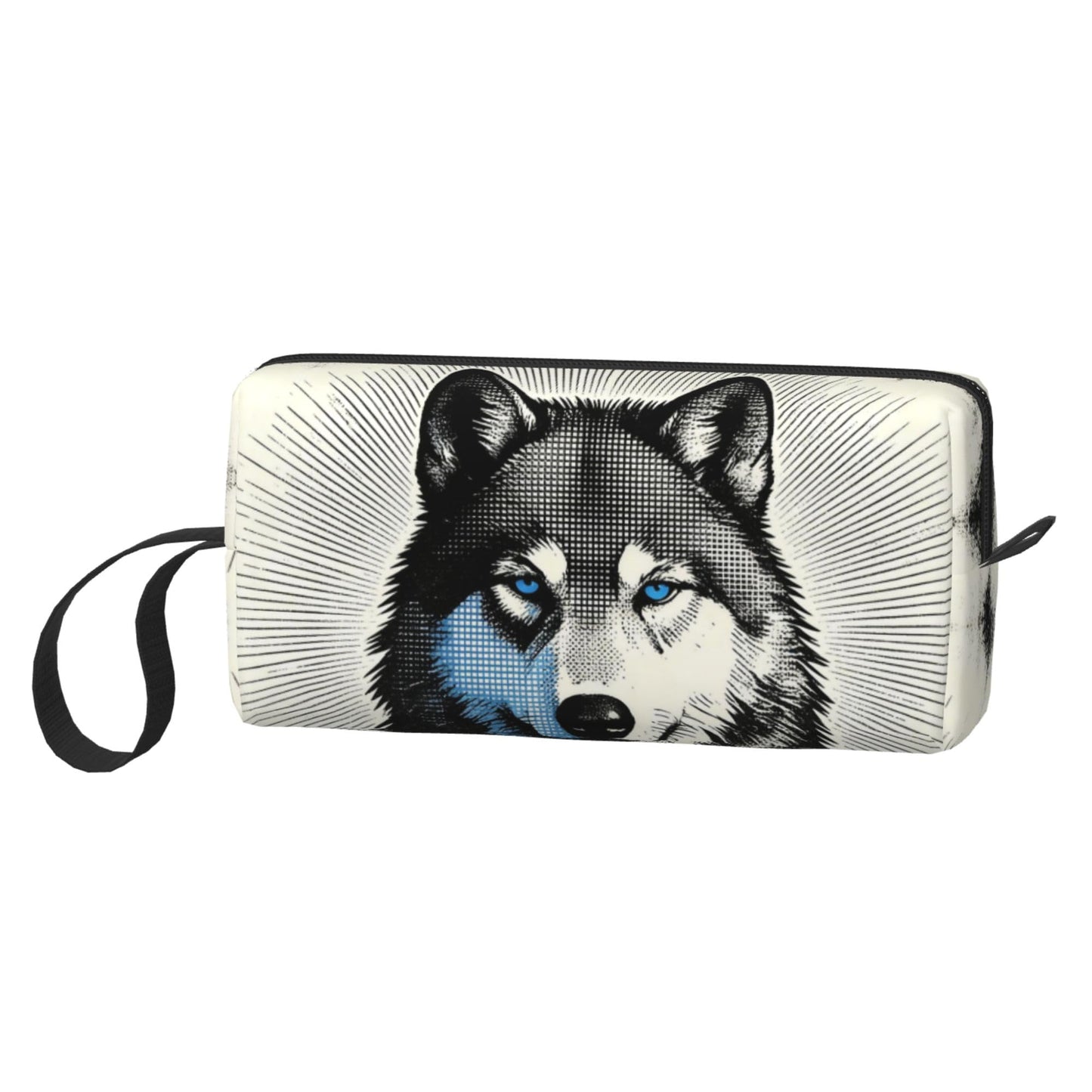 OLUSENMO Blue Eyed Wolf Makeup Bag for Women - Durable 600D Oxford Fabric Cosmetic Organizer,Compact Travel Pouch with Handle for Gym & Daily Use