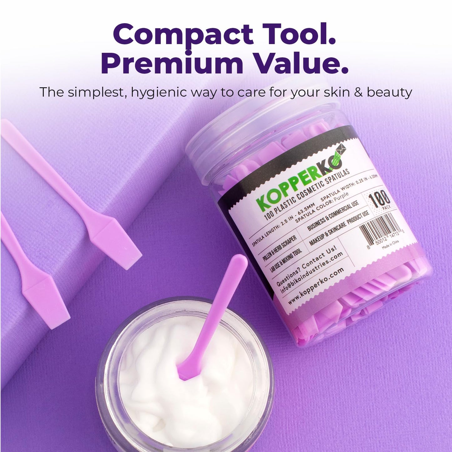 Kopperko Mini Beauty Spatula (2.5", 500 Pack) - Small Beauty Spatulas for Creams, Cosmetics & Crafts | Moisturizer Applicator for Mixing, Cosmetic, Face Mask | Disposable Makeup Spoon | Purple