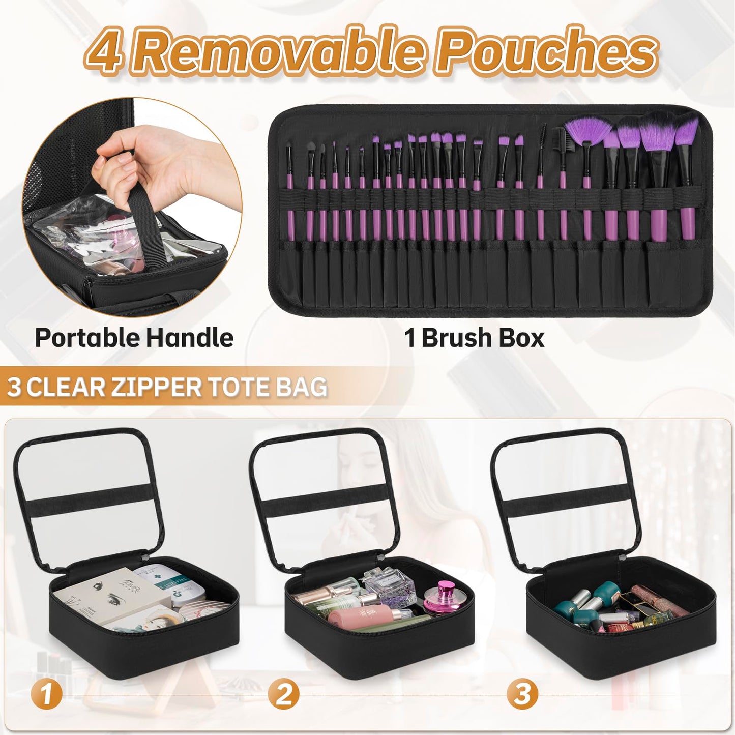 FREEAMG Extra Large Makeup Case with 4 Removable Pouches, Professional Make up Train Case,Travel Cosmetic Bag for Makeup Artist with Shoulder Strap and Handle (Black)（Bag only）