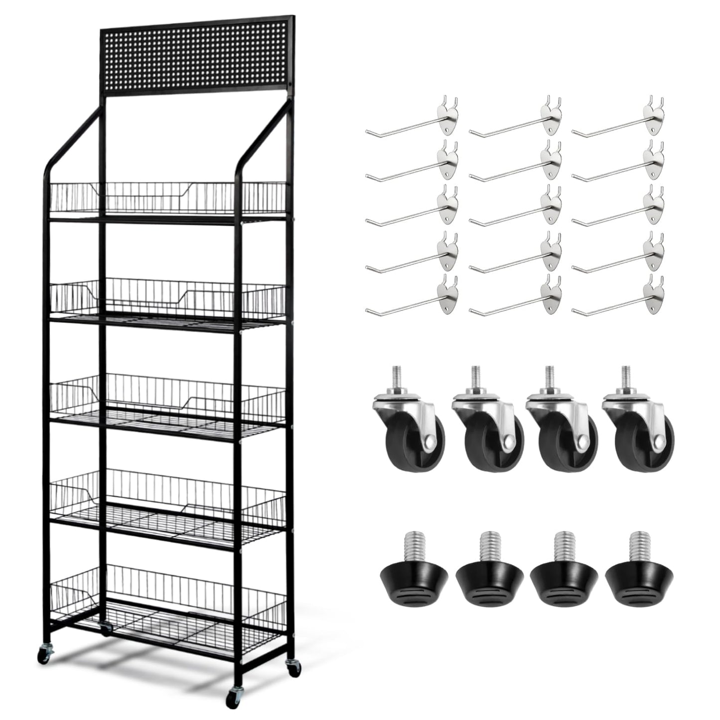 Chip Display Rack - 5 Tier Snack Rack Display Stand with 360° Swivel Wheels & 15 Hooks，Metal Candy Display Rack for Supermarkets/Convenience Stores/Fruit Stores/Home