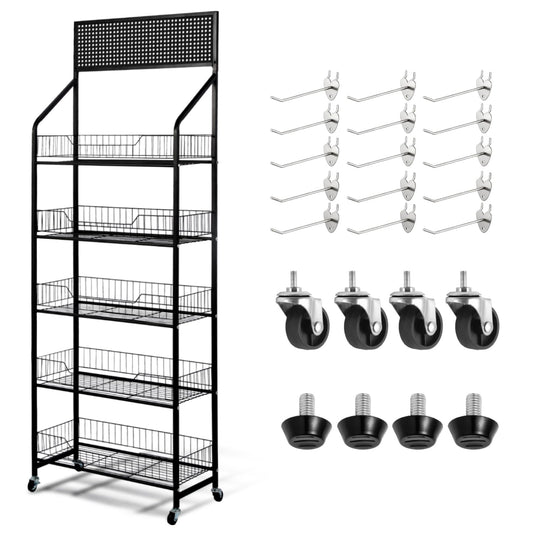 Chip Display Rack - 5 Tier Snack Rack Display Stand with 360° Swivel Wheels & 15 Hooks，Metal Candy Display Rack for Supermarkets/Convenience Stores/Fruit Stores/Home