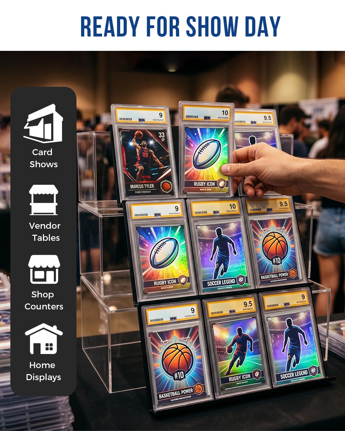 24 Pieces Trading Card Display Risers , Black Acrylic Card Show Display Stands, Modular Showcase Trays for Cardshow Vendor Showcase Sports Card and Board Games, Card Risers For Display Case, 72 Slot