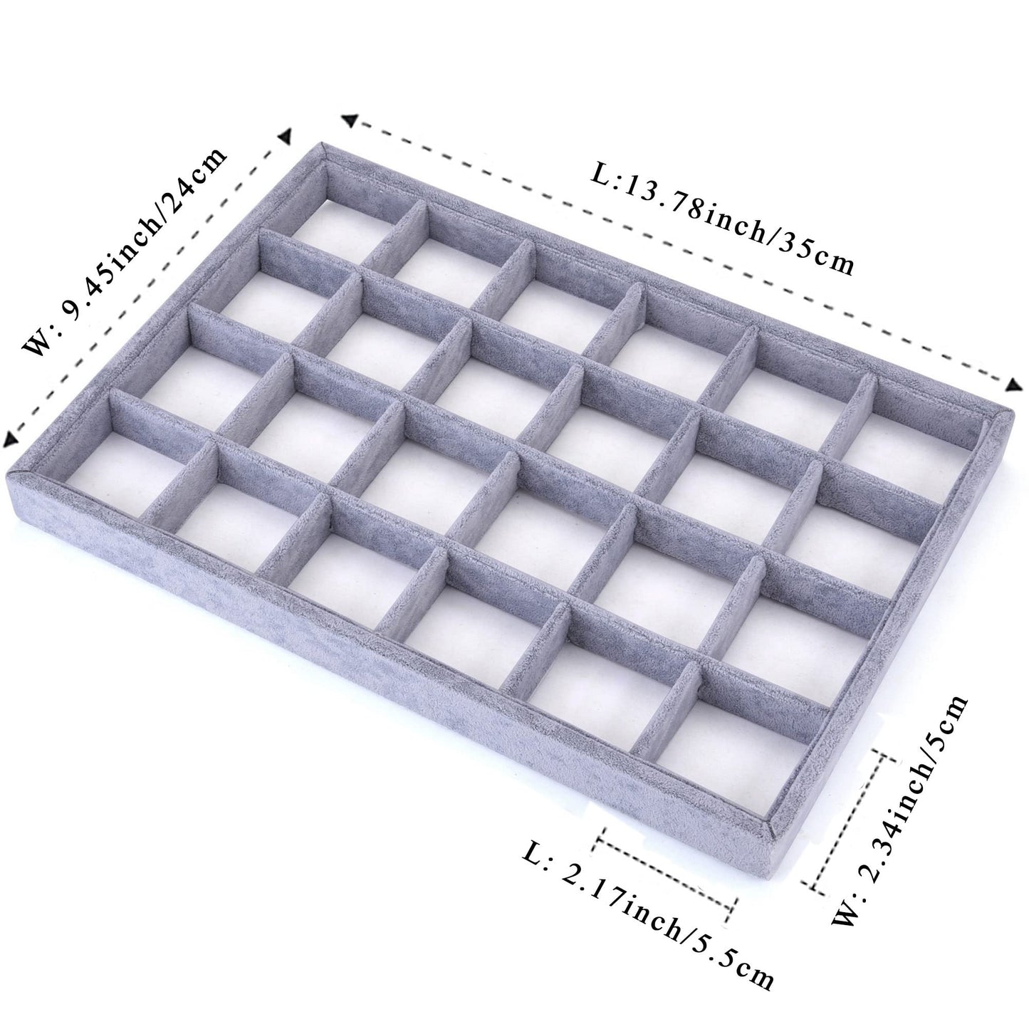 Mornajina 24 Grids Stackable Jewelry Tray Organizer with Removable Dividers, Velvet Jewelry Display Tray for Earrings Necklaces Bracelet Rings Display Showcase - Grey