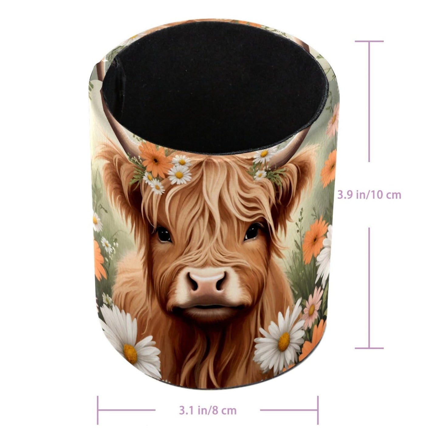 BDFFGOIRTJ Leather Pen Holder for Desk, Highland Cow Daisies Pencil Organizer Makeup Brush Cup Holders Pen Storage for Office Home