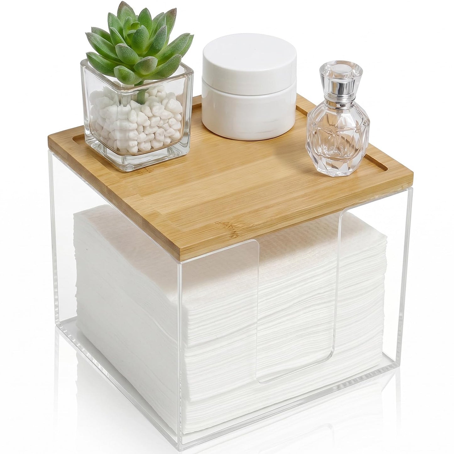 Anlanbor Disposable Face Towels Holder with 2 Qtip Holder Dispenser, Acrylic Facial Towel Container for Clean Face Towel XL, Clear Storage Box with Bamboo Lid for Bathroom, Vanity Counter Organizer