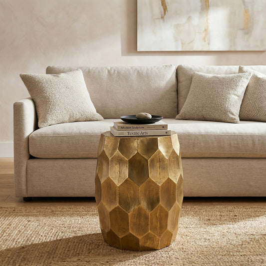 Hives & Honey Anna Side Table, Geometric Mango Wood Accent Table, Modern Rhombus Design, Antiqued Foil Finish, Multi-Use as End Table, Vanity Stool or Decorative Pedestal, Gold