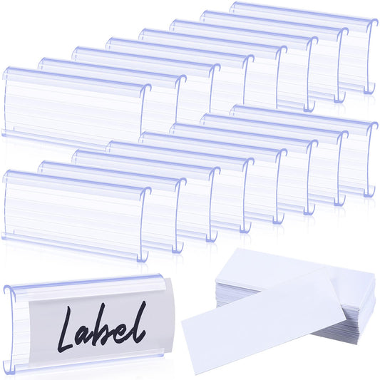 Yulejo 100 Pcs Plastic Wire Shelf Label Holders with 100 Pcs Paper Inserts Wire Rack Label Holder Shelf Tags for Shelving Clips Compatible with 1-1/4 Inch Shelves
