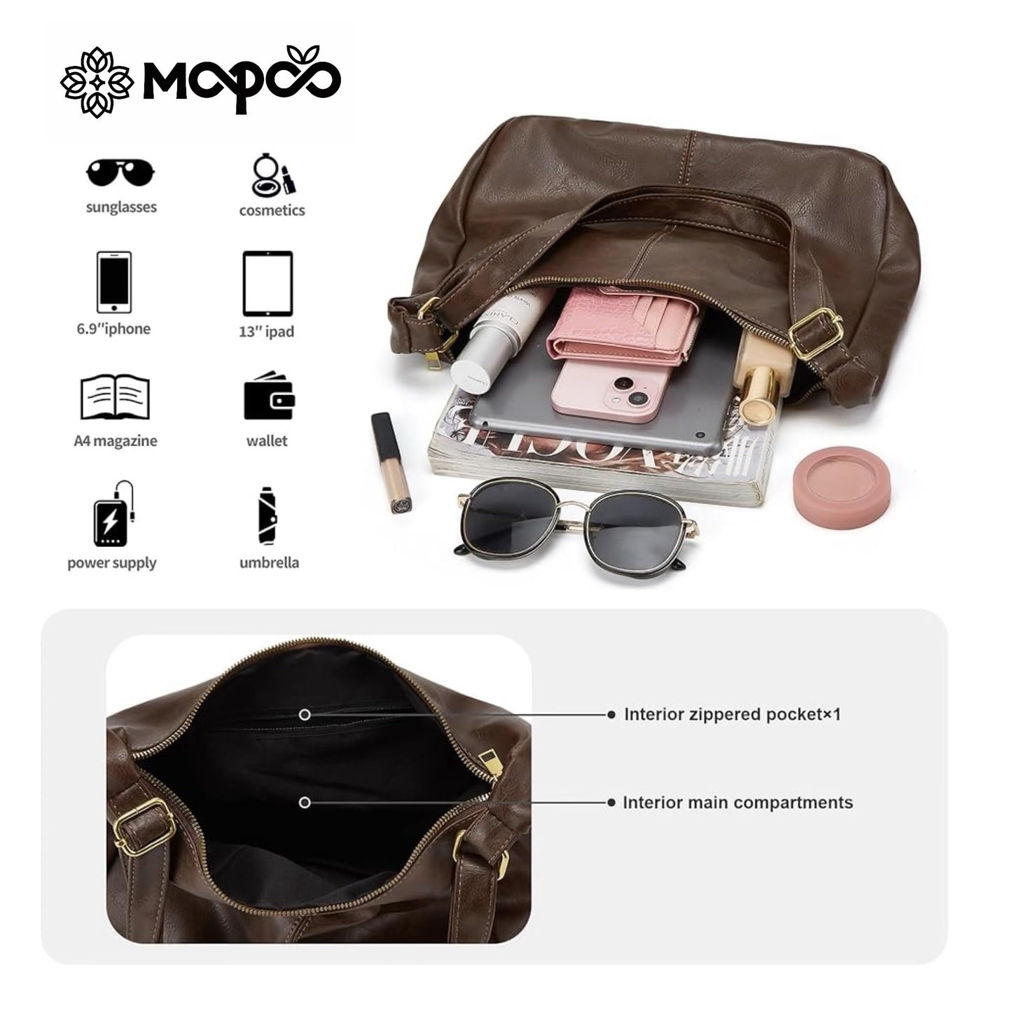 MOPOVO Hobo Bags for Women Leather,Foldable Slouchy Shoulder Bag Crossbody Handbag,Soft Vegan Tote Casual Everyday Handbags Coffee Fall Brown Purse