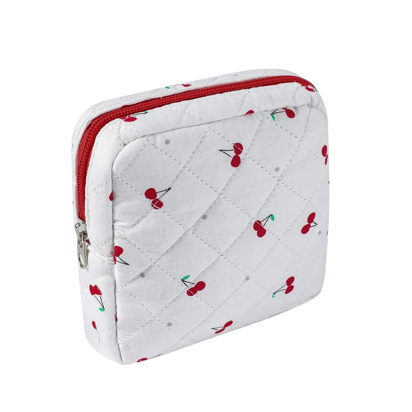 Small Quilted Cotton Makeup Bag for Purse, Cosmetic Bag with Compartments, Cotton Aesthetic Makeup Bag, Travel Toiletry Pouch, Key Pocket Lipstick Bag Card Holder Data Cable Organizer（07Cherry）