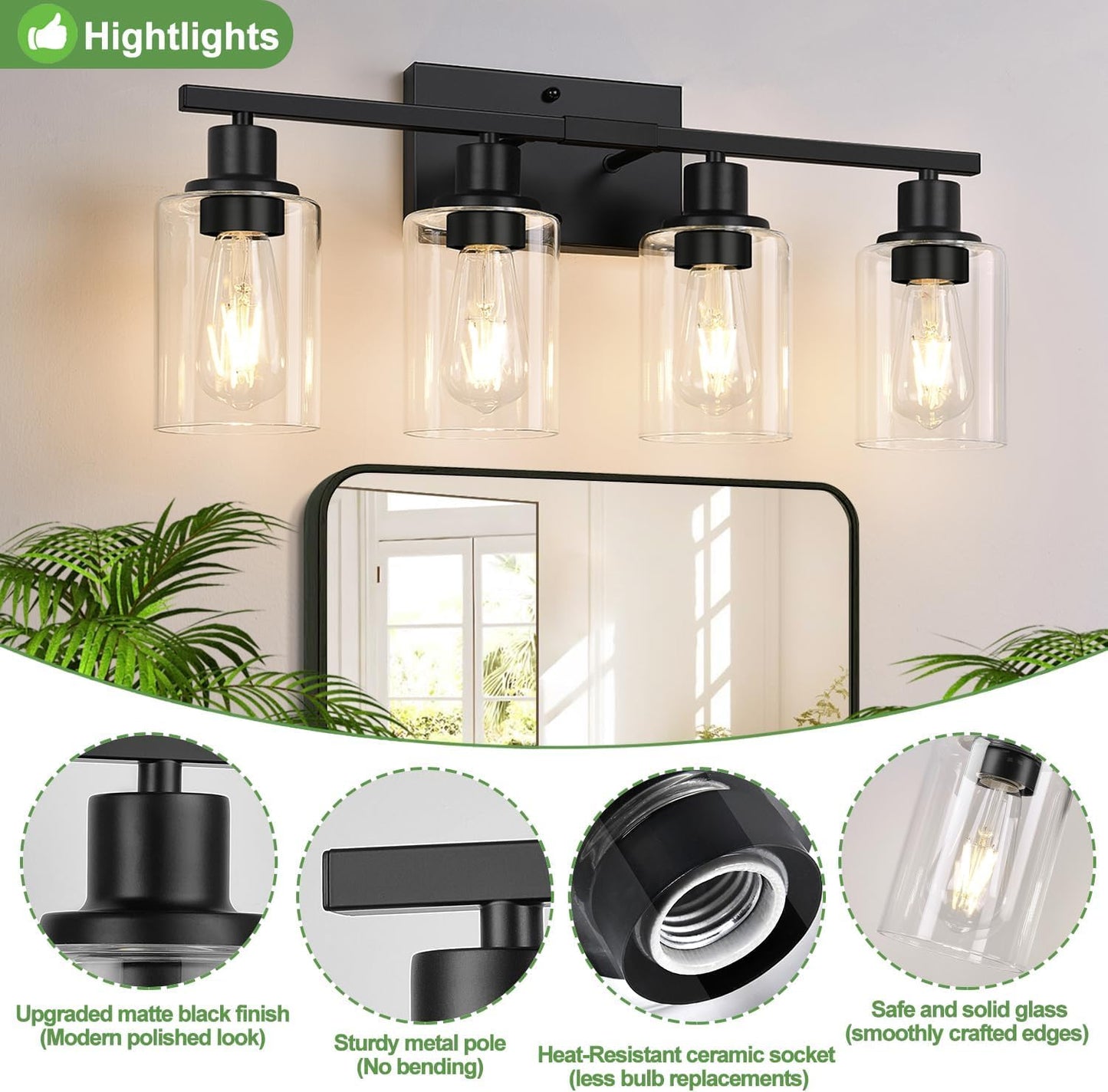 Indoi 4-Light Bathroom Light Fixtures, Matte Black Modern Vanity Lights with Clear Glass Shades, Bathroom Wall Lamp for Mirror Living Room Cabinet Bedroom Porch