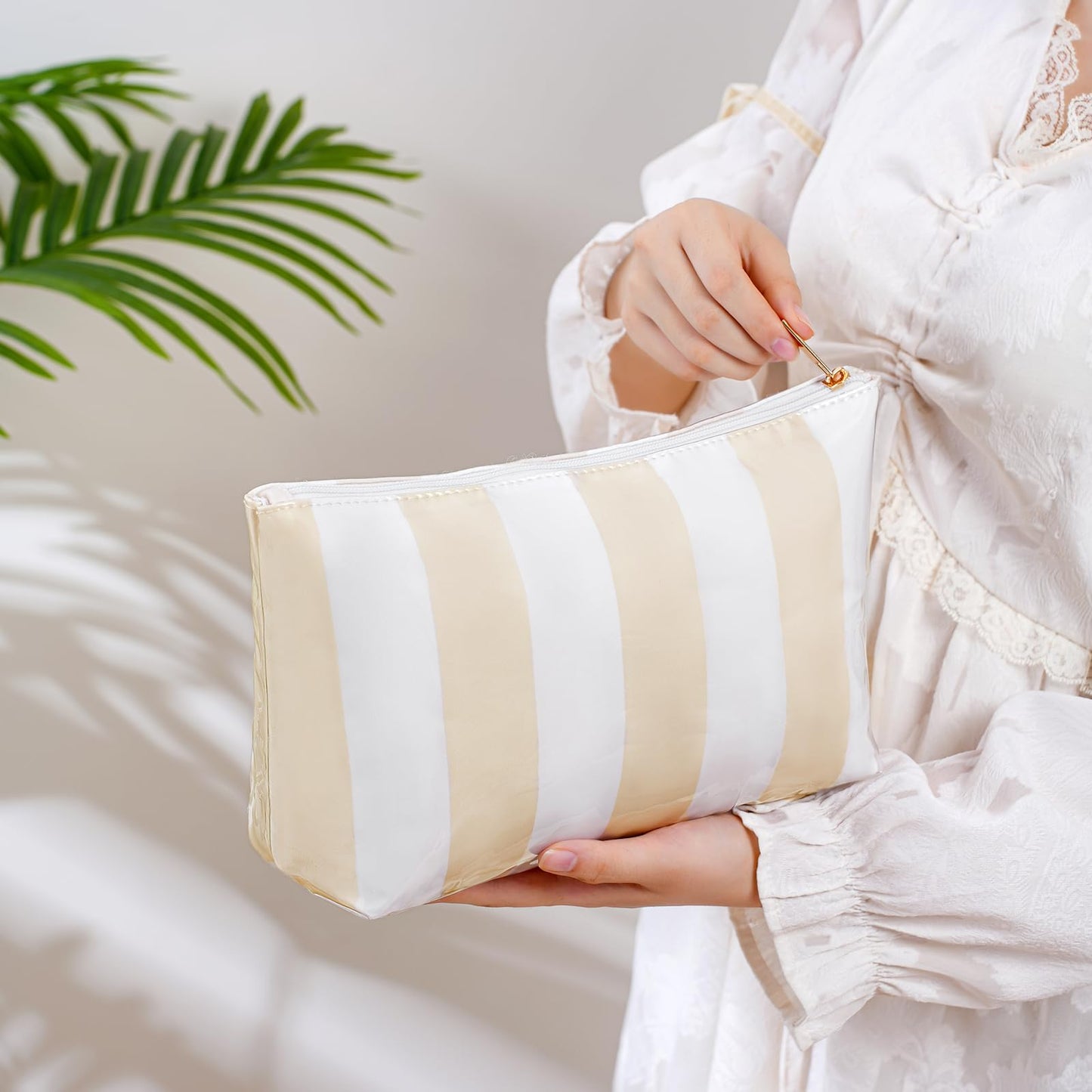 Large PVC Waterproof Striped Makeup Bag,Clear Coated Cosmetic Bags,Easy to Clean,Travel Organizer Zipper Pouch Beach Vacation Essentials for Women Girls(02Beige)