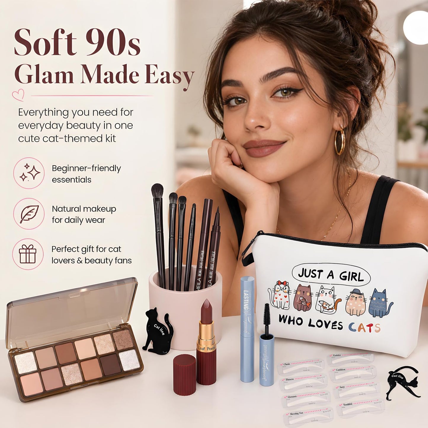 Basic Eye Makeup Kit for Women, 90s Neutral Eyeshadow, Brow Powder, Brow Stencils, Cat Eyeliner Guides, Taupe Matte Lipstick, Cat Lover Cosmetic Bag & etc. - Perfect Makeup Gift Set for Girls & Teens.