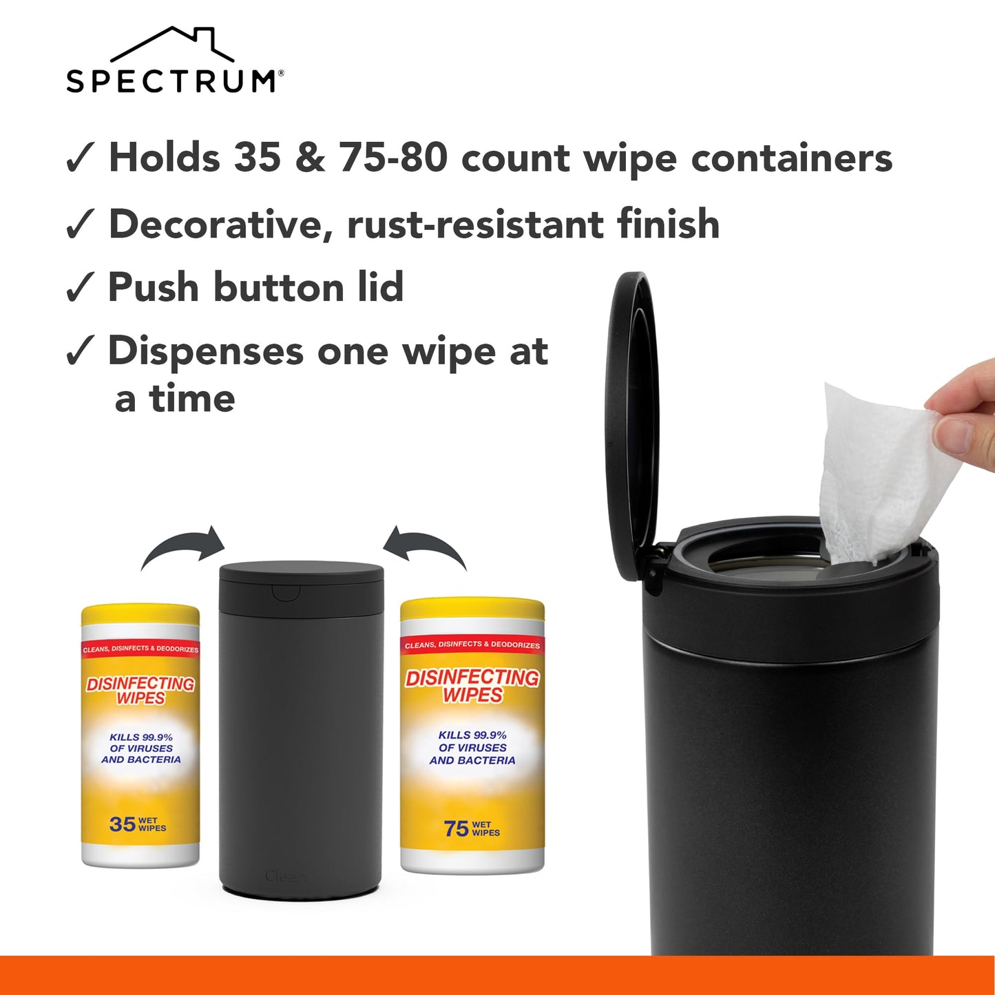 Spectrum Disinfecting Wipes Container Refillable Stainless Steel Wipe Holder for Bathroom Kitchen School Classroom, Reusable Push Button Wet Wipe Dispenser for Disinfect Cleaning Countertop, Black