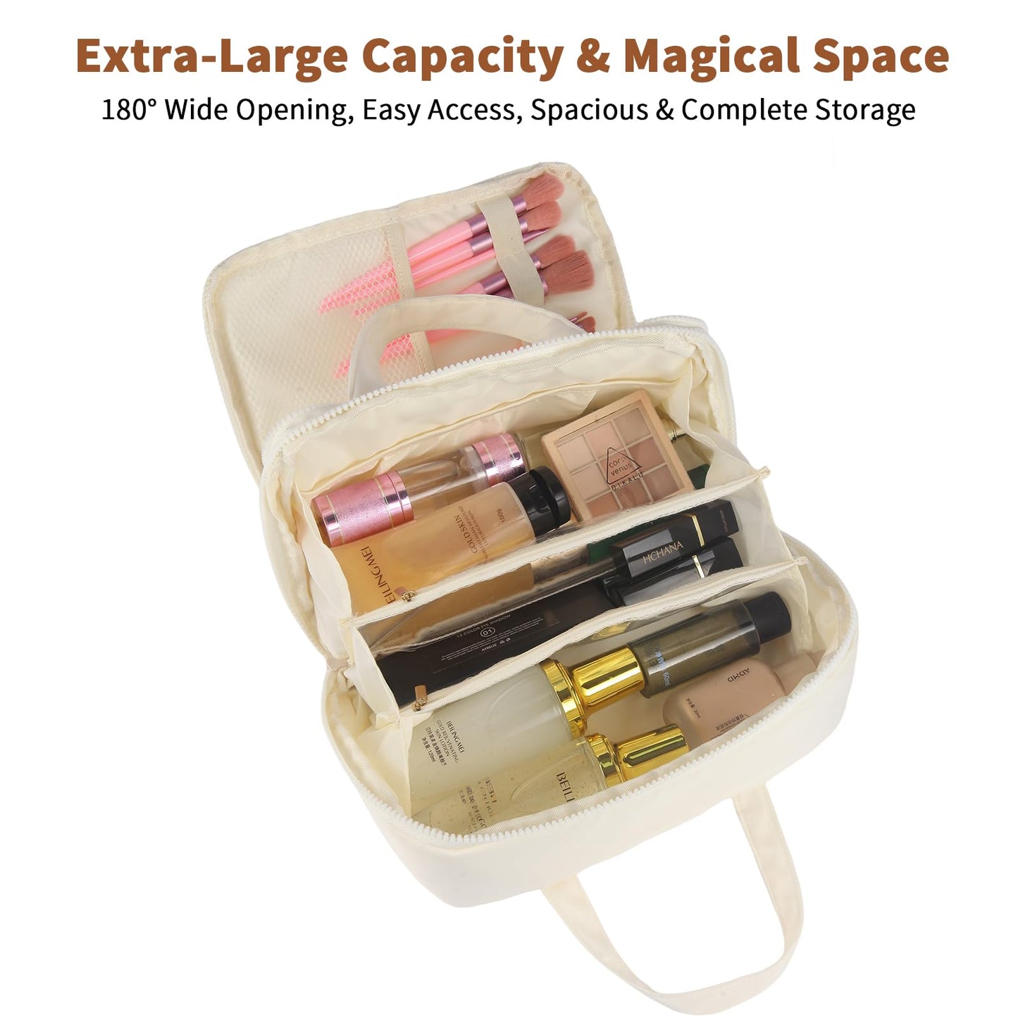 Lovqiao Large Beige Makeup Bag, Waterproof Travel Organizer for Women & Girls