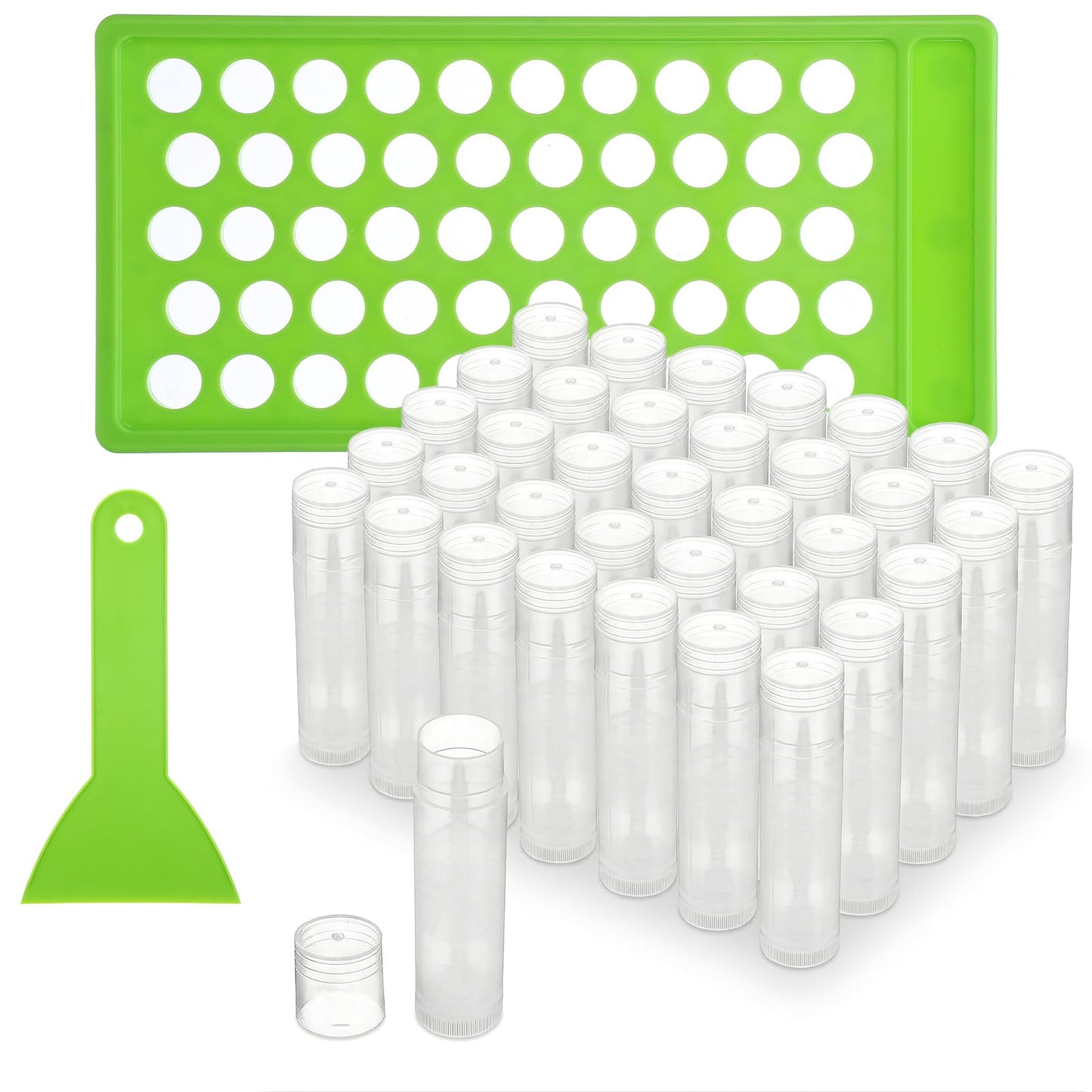 Giloaou 120Pcs Lip Balm Tubes with 50-Hole Filling Tray & Spatula, 5ml Empty Lipstick Tube Containers, BPA-Free DIY Kit for Homemade Cosmetics (Clear Tubes, Green Tray)